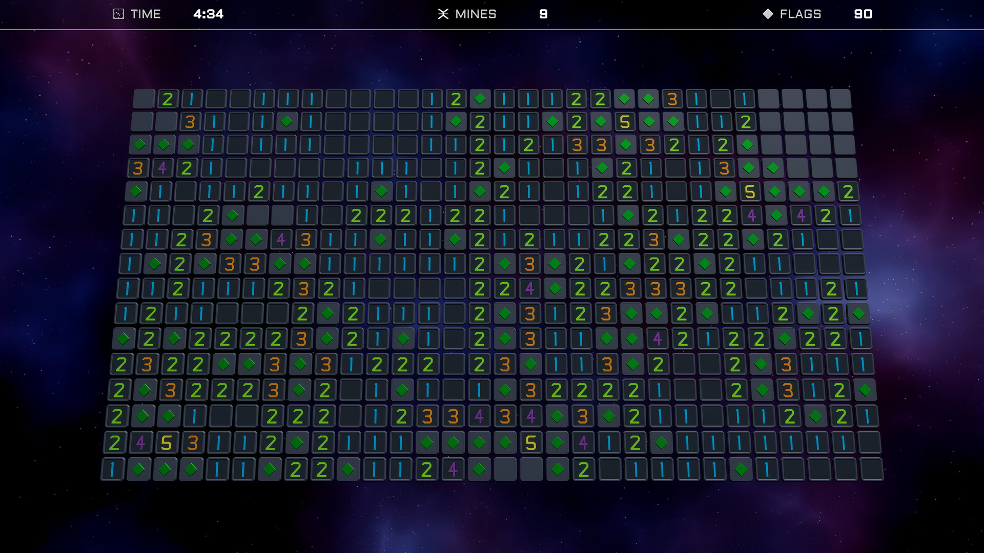The image shows a partially completed Minesweeper game grid set against a dark, starry background. The grid consists of numerous small square cells, some of which are numbered in colors like blue, green, orange, and purple, indicating how many adjacent mines are nearby. Several cells are marked with green diamond-shaped flags, representing suspected mines. At the top of the screen, game information displays a timer reading 4 minutes and 34 seconds, a mine count of 9 remaining, and a total of 90 flags placed.