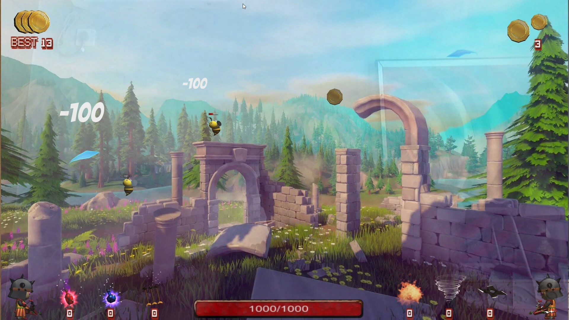 The image shows a colorful video game scene set in a lush, mountainous outdoor environment with tall pine trees and ancient stone ruins, including pillars and an arched doorway. Two small bee-like characters with health bars are flying above the ruins, with '-100' damage indicators visible near them. Various game interface elements appear on the screen, including coin counts in the top corners, a health bar at the bottom center showing 1000/1000, and icons for different weapons or abilities along the bottom edge. The atmosphere conveys a blend of nature and fantasy adventure.