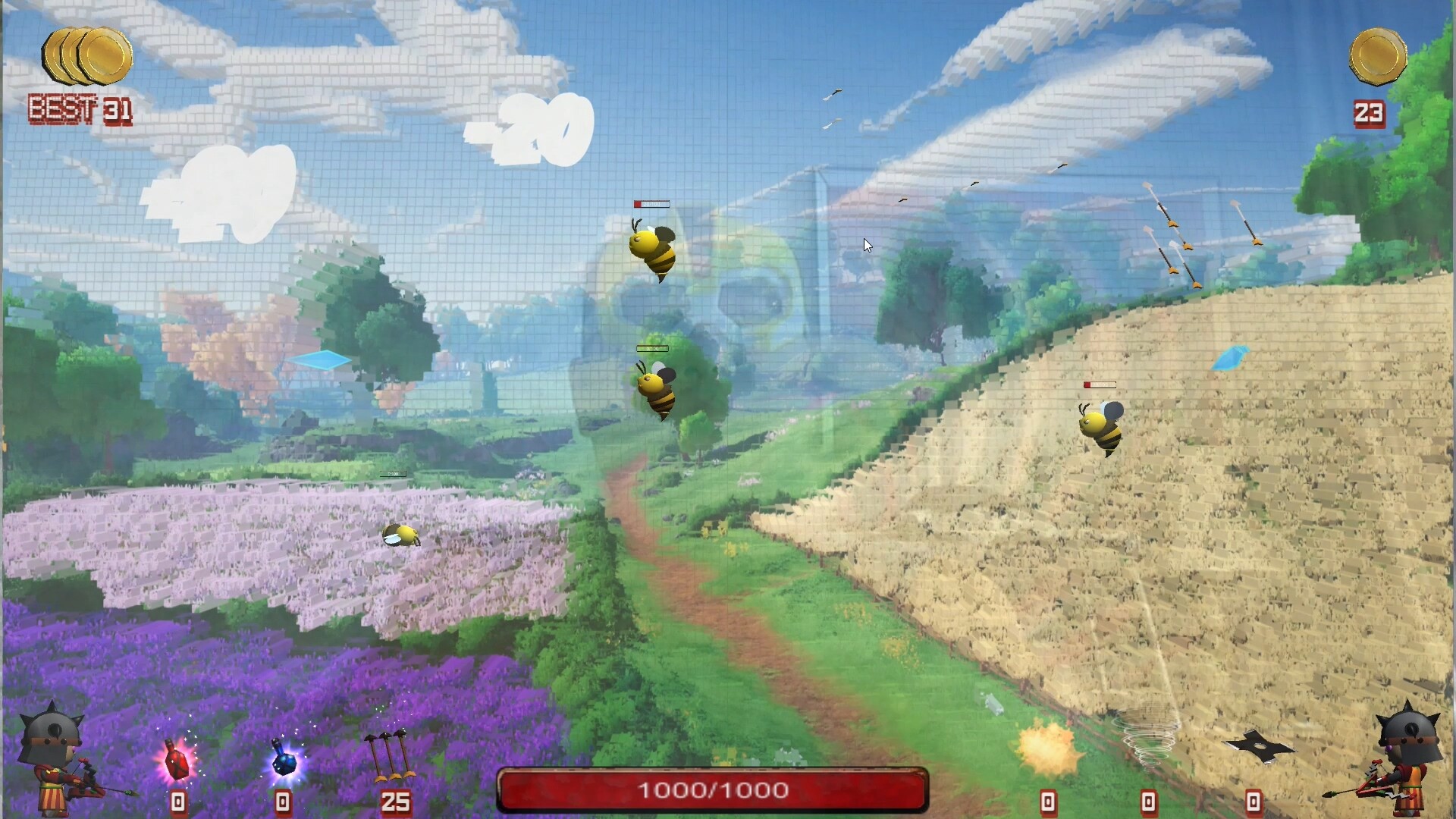 The image shows a colorful video game scene set in a vibrant outdoor landscape with fields of purple and pink flowers on one side and a beige, sandy hill on the other. The sky is bright blue with scattered clouds, and a few birds fly in the distance. In the center, three cartoonish bees with health bars hover near the middle of the screen, with one bee appearing damaged. The player's health bar, showing full health at 1000/1000, is displayed at the bottom center, and on each bottom corner, small characters wearing helmets hold crossbows. Various game interface elements, such as coin counts, scores, and icons for items or abilities, are visible around the edges of the screen.