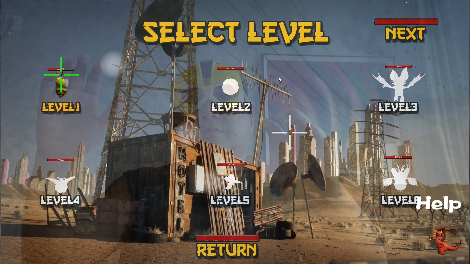 The image shows a video game level selection screen set against a post-apocalyptic desert background with a dilapidated building labeled 'MOTEL,' electrical towers, satellite dishes, and a distant city skyline. The screen displays six selectable levels, each represented by different icons: a bee for Level 1, a white hexagonal shape for Level 2, a bat-like figure for Level 3, a winged creature for Level 4, a bird for Level 5, and a crab-like figure for Level 6. At the top center, large yellow text reads 'SELECT LEVEL,' with a 'NEXT' button to the right, and at the bottom center is a 'RETURN' button. In the lower right corner, there is a small red dragon icon next to the word 'Help.' Each level icon has a health bar above it, indicating '500/500.'