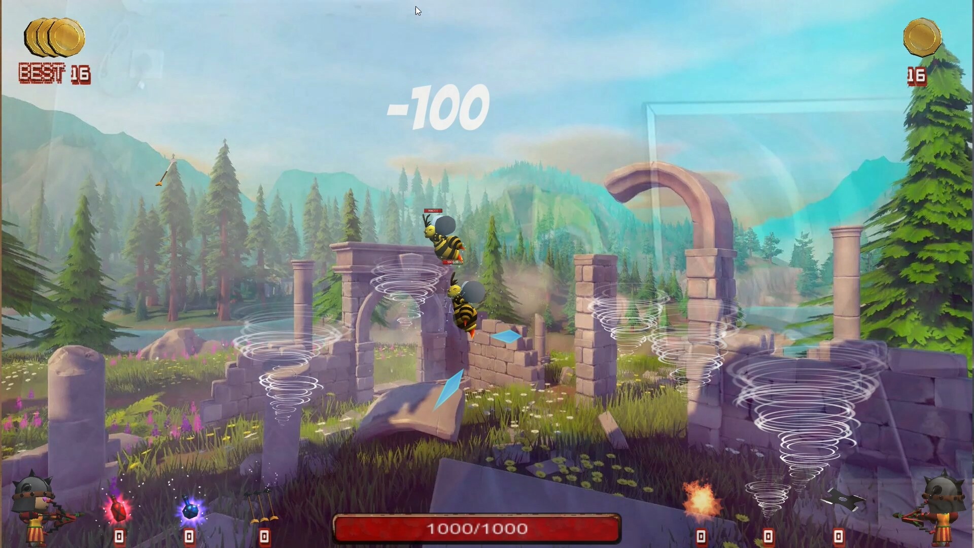 The image shows a colorful video game scene set in a lush, mountainous forest with tall pine trees and ancient stone ruins scattered throughout a grassy field filled with flowers. Two bee-like creatures with large black spherical backs and yellow-striped bodies are positioned near the center, seemingly engaged in combat as indicated by their health bars and the floating '-100' damage text above them. Several swirling tornado effects appear around the ruins, and two small character avatars holding crossbows stand at the bottom corners, suggesting players or defenders in the game. The interface displays coin icons and a health bar at the bottom center showing '1000/1000.'
