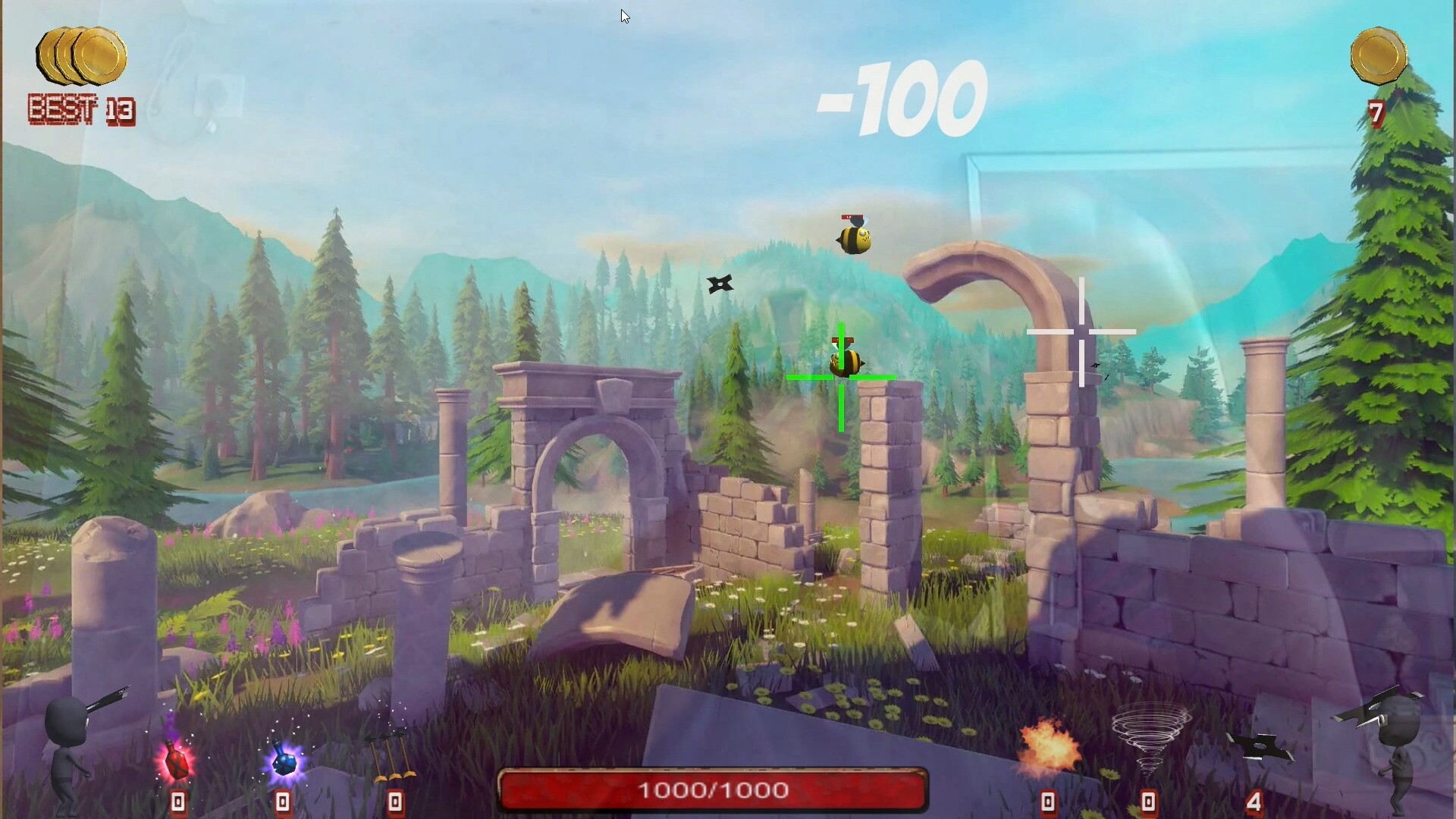 The image depicts a colorful video game scene set in a lush outdoor environment with ruins made of stone, including pillars and arches scattered across a grassy field filled with wildflowers. In the background, there are tall evergreen trees and misty mountains under a clear blue sky. The game interface shows cartoonish bee-like enemies flying near the ruins, with one targeted by a green crosshair and a shuriken projectile in midair. The player character appears as a small black stick figure holding weapons, with various icons and counters displayed at the screen edges, including a health bar at the bottom indicating full health (1000/1000). The number '-100' is prominently shown near the targeted enemy, suggesting damage dealt.