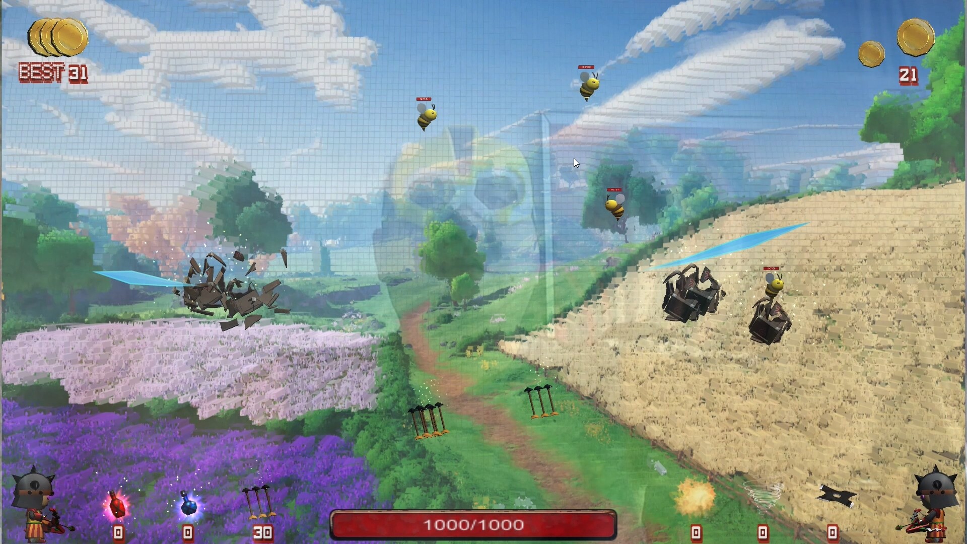 The image depicts a colorful virtual landscape from a video game, featuring a countryside scene with green grassy hills, purple and pink flower fields, and a dirt path winding through the middle. In the foreground, two small armored characters stand at opposite corners, wielding crossbows. Several animated bee-like creatures hover in the air, each with health bars and names above them, while various projectiles and weapon icons are scattered across the scene. The sky is blue with scattered clouds, and game interface elements such as coin counts, best scores, and a health bar reading '1000/1000' are visible on the edges of the screen.