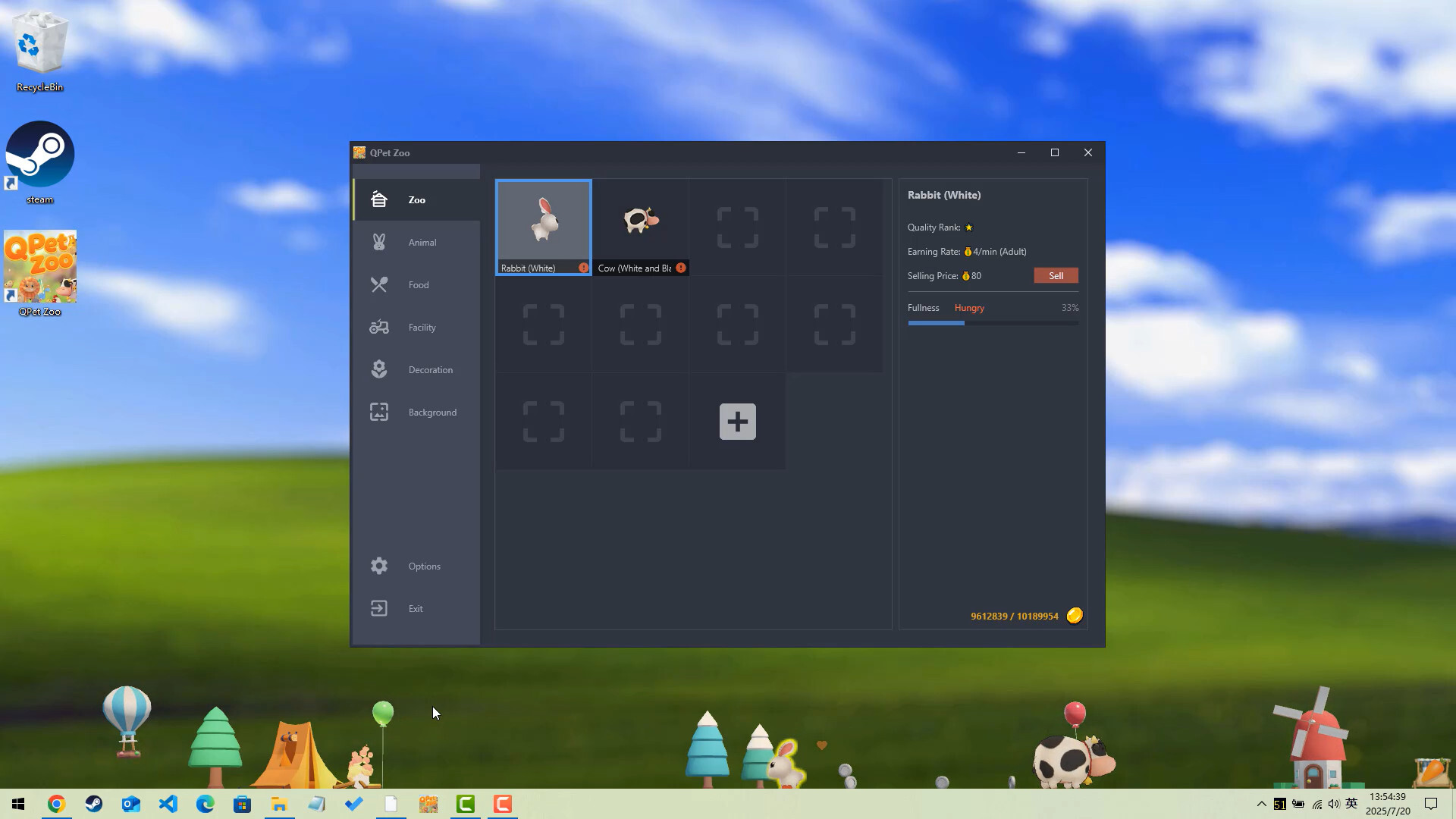 The image shows a computer desktop with a green hill and blue sky wallpaper featuring scattered clouds. On the left side of the screen, there are several desktop icons, including "Recycle Bin," "Steam," and a shortcut for a game called "QPet Zoo." In the center is an open application window titled "QPet Zoo," displaying a menu with options like Zoo, Animal, Food, Facility, Decoration, and Background. The main section shows two animal icons: a white rabbit and a black-and-white cow. The right panel provides details about the selected animal, the white rabbit, including its quality rank, earning rate, selling price, fullness status marked as "Hungry" at 33%, and a red "Sell" button. The taskbar at the bottom contains various program icons and system information, including the date "2025/7/20" and time "13:54:39."