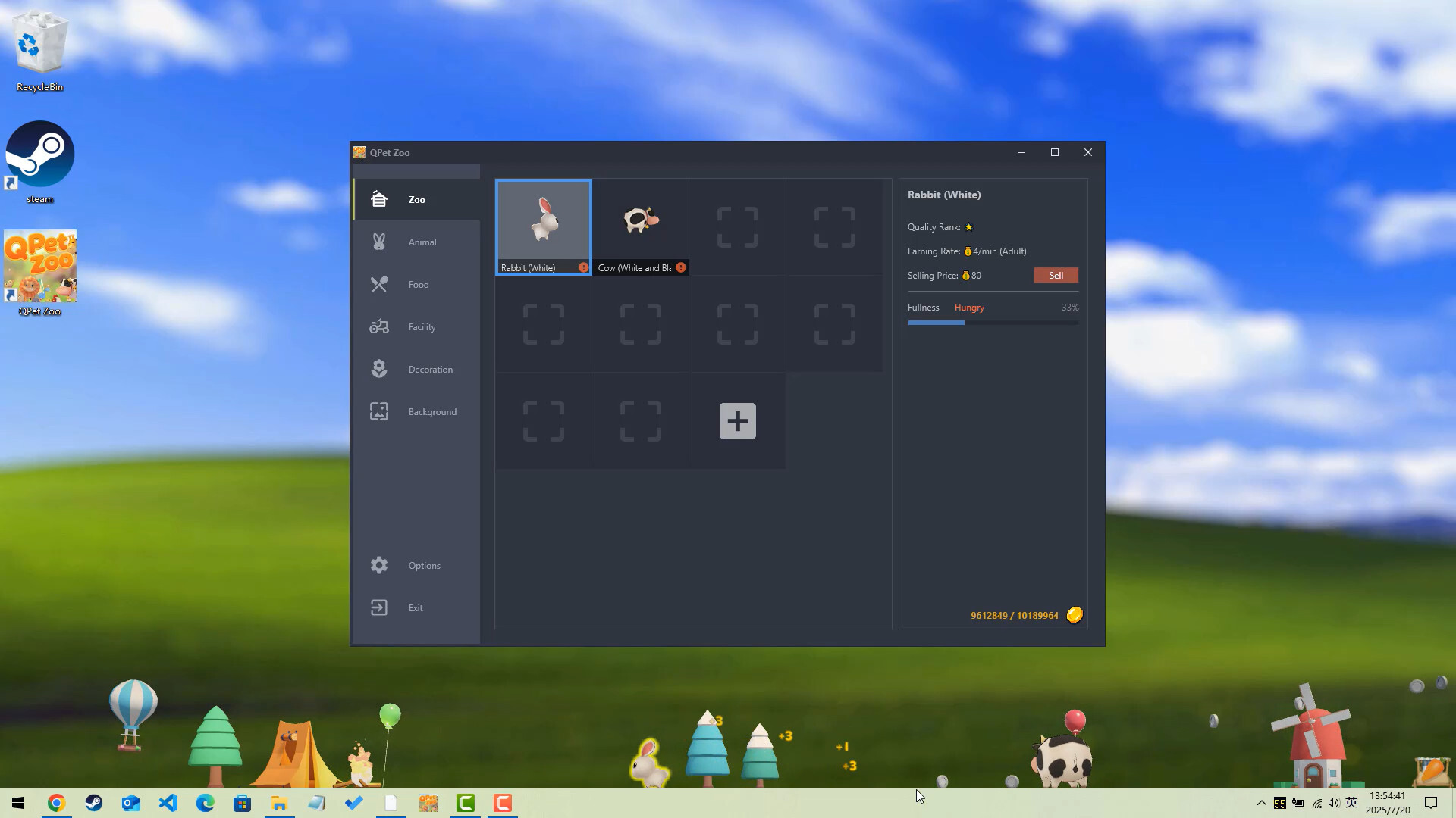 The image shows a computer desktop with a bright, scenic wallpaper featuring a green hill under a blue sky with white clouds. On the desktop, there are several icons on the left, including Recycle Bin, Steam, and QPet Zoo. A window from the QPet Zoo application is open in the center, displaying a menu on the left with categories such as Zoo, Animal, Food, Facility, Decoration, and Background. The main panel shows two animals: a white rabbit and a black and white cow, with the rabbit currently selected. On the right side of the window, details about the rabbit are shown, including its quality rank, earning rate, selling price, and fullness level labeled as "Hungry" at 33%. Additional small animated characters and objects, like balloons and trees, are visible along the bottom edge of the screen.