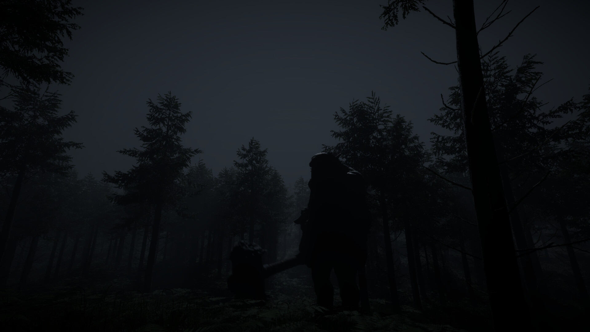 Large humanoid figure holding massive hammer in shadowy dense forest at night