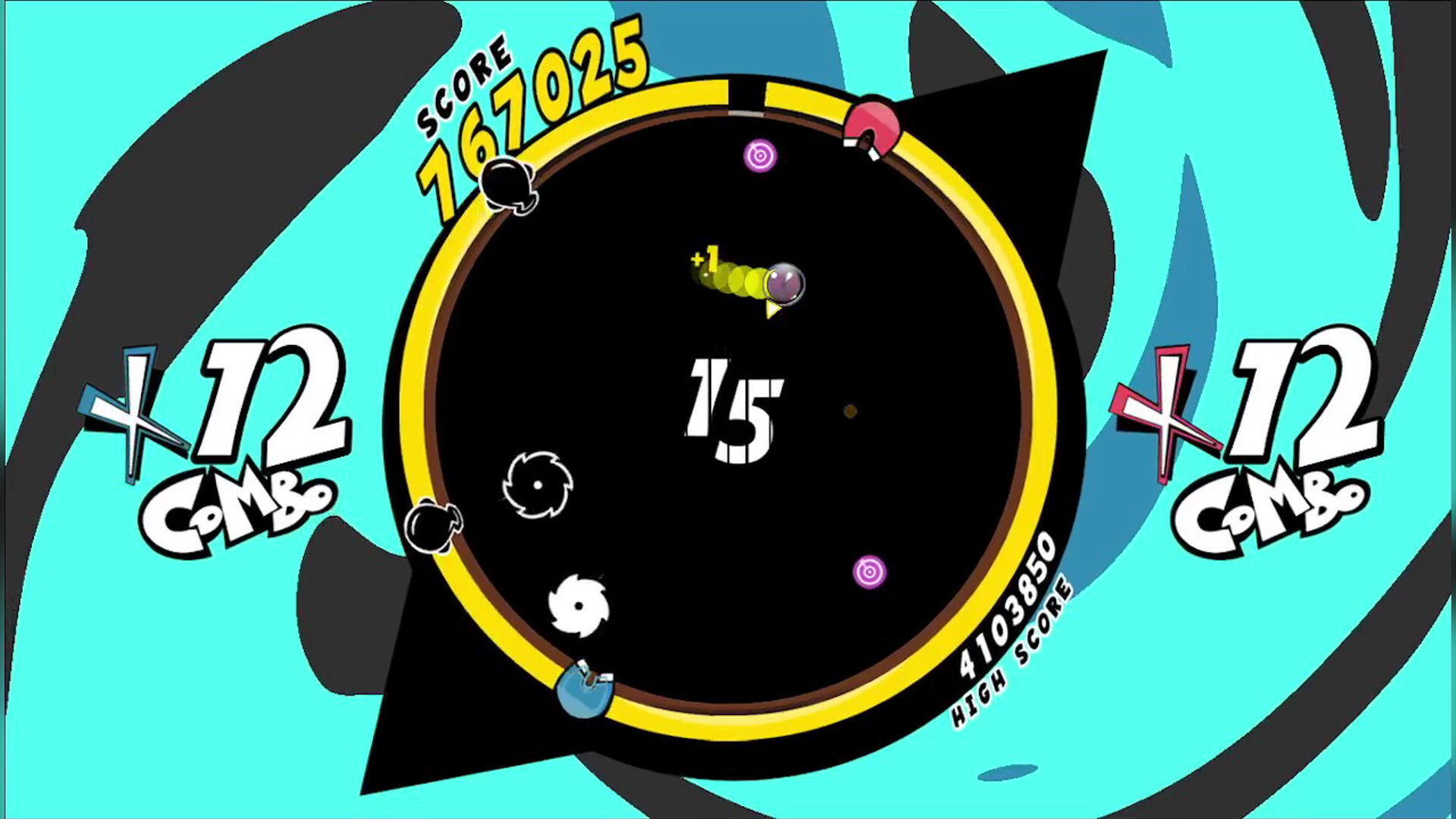 The image shows a colorful, circular game interface with a black center and a thick yellow outer ring. Inside the circle, there are several small, circular icons and a number "15" prominently displayed in the middle, along with a +1 indicator near one of the icons, suggesting point gains. Around the circle, there are three small characters or helmets in red, blue, and black positioned on the yellow ring. The background is bright blue with abstract black and blue patterns. The top left of the circle displays a score of 1,670,25, and the bottom right shows a high score of 4,103,850. On both the left and right sides of the image, the text +12 Combo appears in bold white and outlined letters.