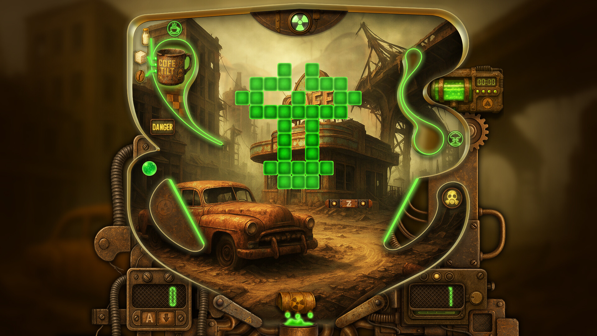 The image shows a pinball machine with a post-apocalyptic theme. The background depicts a desolate, ruined city street with a rusted vintage car in the foreground and a dilapidated building with a partially collapsed roof behind it. The pinball playfield features glowing green elements, including a crossword-style arrangement of green squares in the center, icons like a coffee cup labeled "COFE TILT," a radiation symbol at the top, and various industrial, rusty mechanical parts framing the game area. The overall atmosphere is dark and gritty, evoking a sense of decay and abandonment.