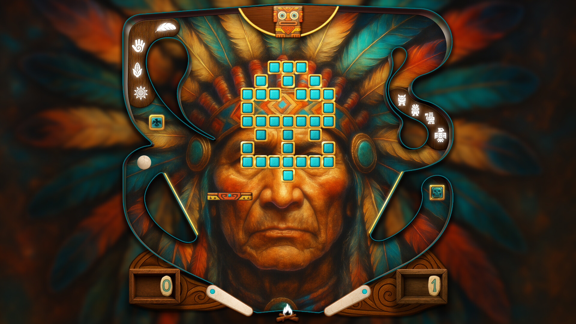 The image shows a digital pinball game board with an intricate design featuring the face of a Native American chief wearing a colorful feathered headdress in the background. The playfield is shaped uniquely, incorporating symbols such as a hand, feather, corn, and sun on the left side, and various small totem-like icons on the right. Bright blue bumpers form a pixelated skull shape over the chief’s forehead, with wooden flippers and score displays at the bottom, creating a vivid and thematic gaming interface.