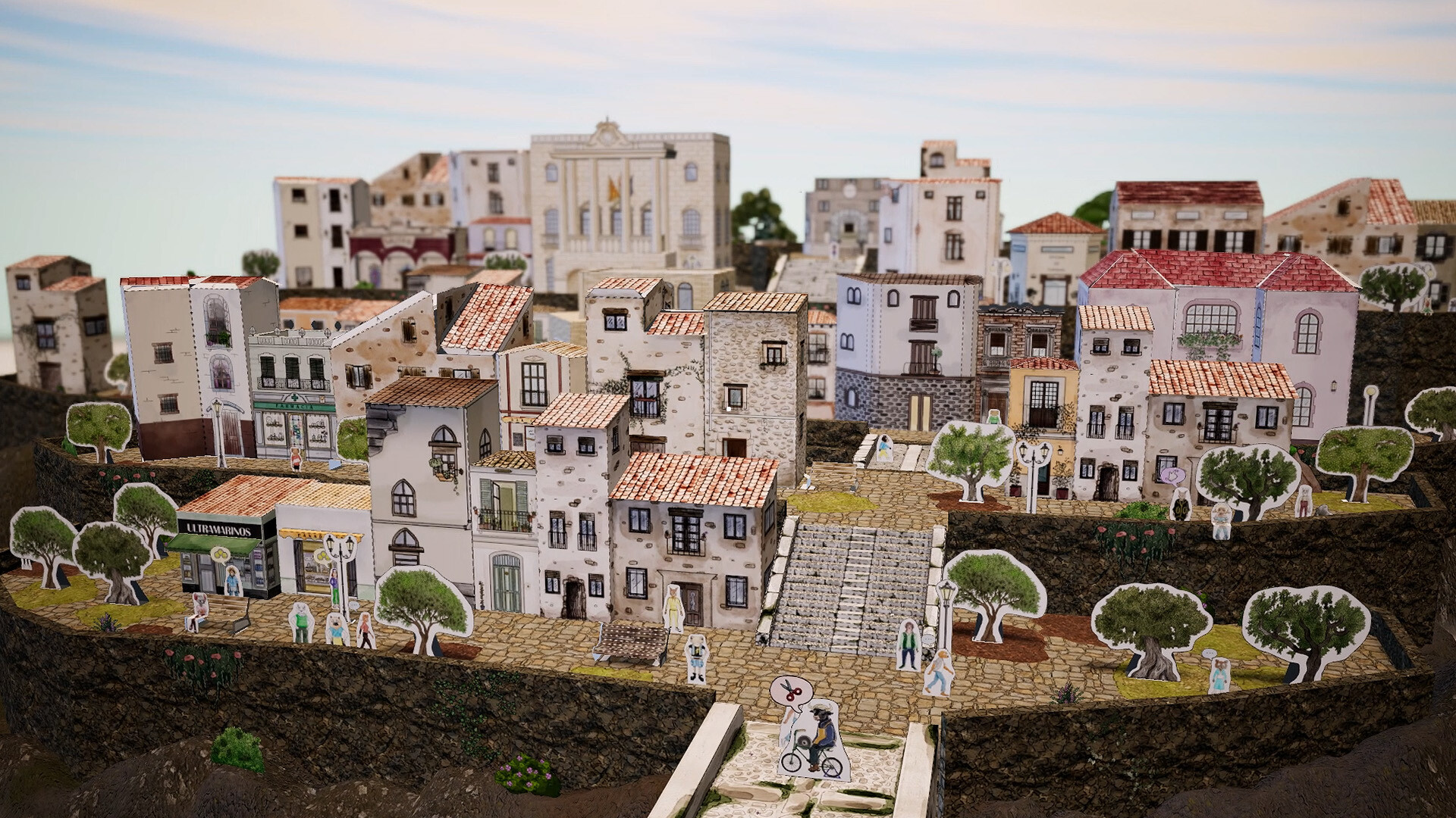 A village of paper houses, cutout trees and stepped streets.