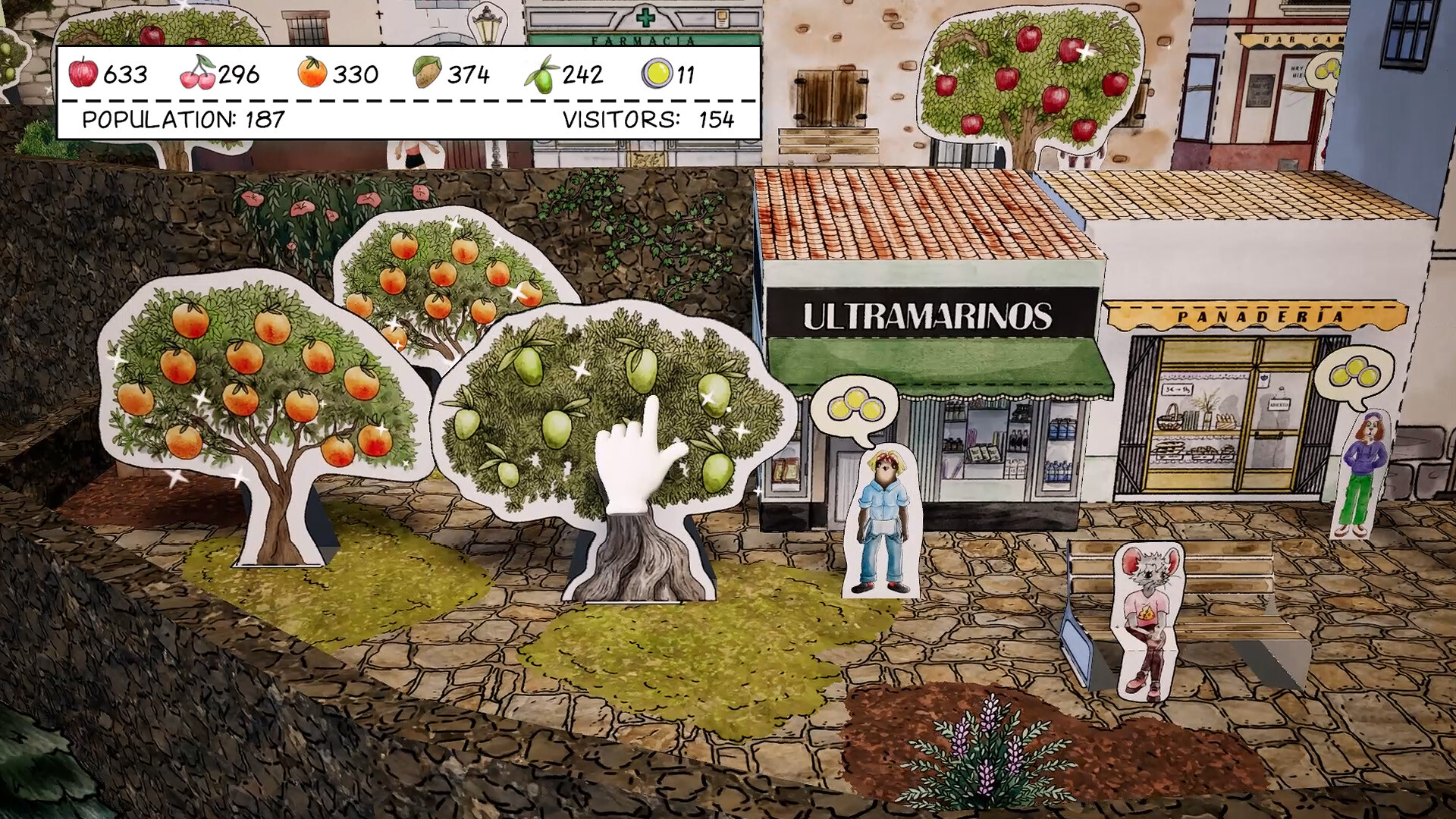Paper characters beside fruit trees and a market building.