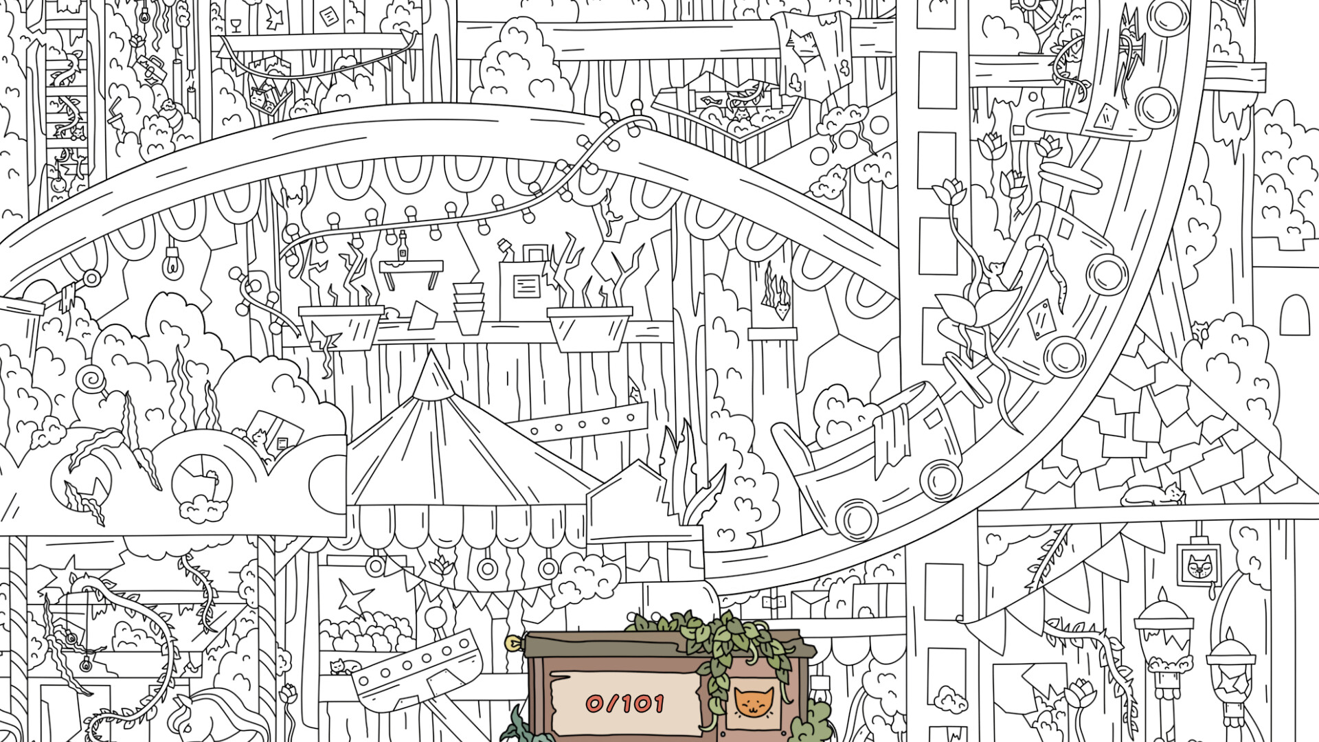 The image depicts a complex, detailed black-and-white line drawing of an abandoned amusement park or carnival setting overrun by nature. A looped roller coaster track with three cars is prominently featured in the upper right, covered with vines and showing signs of decay. Surrounding the track and scattered throughout the scene are various carnival structures, such as a tent, game booths, and hanging lights, all in a state of disrepair with plants growing through and around them. In the foreground, there is a wooden box with a cat icon and the text "0/101," partially covered by leafy vines, suggesting it might be part of a hidden object or puzzle challenge.