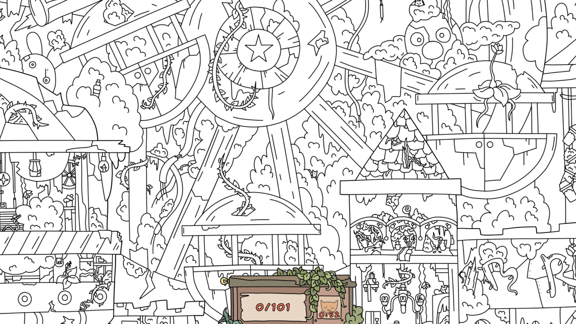 The image depicts a complex, hand-drawn black-and-white scene filled with various whimsical and abstract shapes. Central to the illustration is a large Ferris wheel with a star in the middle, overgrown with twisting vines and surrounded by clouds and bush-like forms. Around the Ferris wheel, there are several geometric and organic structures, including a pyramid with decorations, circular and rectangular platforms, and various hanging objects, all interconnected by winding paths and branches. In the lower center, there is a small colored box with a cat icon, numbers, and green vines draping over it, standing out against the monochrome background.