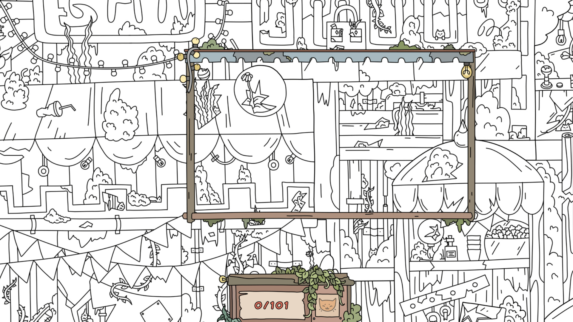 The image depicts a detailed black-and-white line drawing of an outdoor market or festival scene with various decorations, plants, and structures. In the center, there is a rectangular frame suspended with two wooden poles, featuring a single light bulb hanging from the top right corner. Below the frame is a wooden box covered partly by vines, displaying a counter reading "0/101" and a small drawing of a cat’s face. The background is filled with bunting flags, strings of lights, leafy plants, and various stalls or booths, with intricate line details suggesting a lively, festive atmosphere.