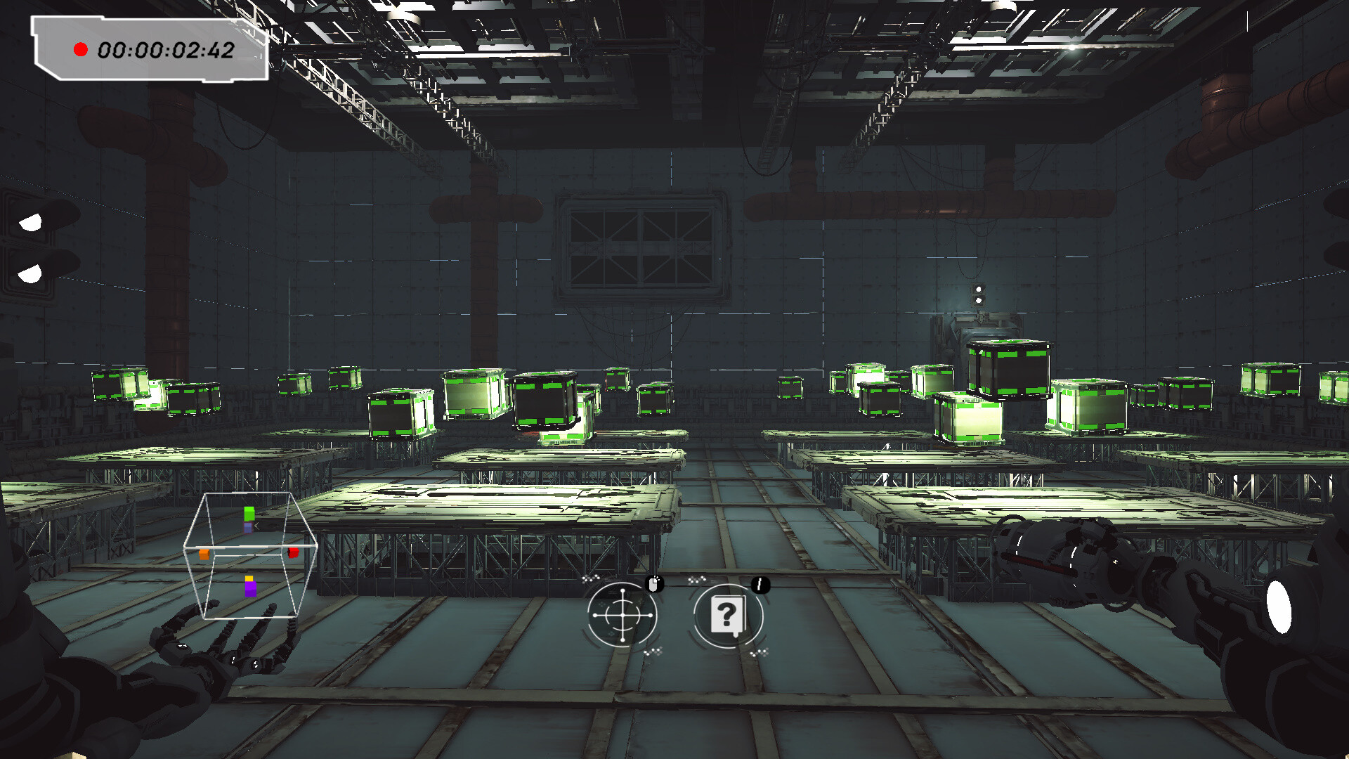 The image depicts a futuristic, industrial-style room with a metallic floor and walls reinforced with riveted panels. Numerous green, glowing cubes hover in midair above metallic platforms arranged in rows throughout the room. In the foreground, robotic hands are visible, one holding a glowing cube inside a translucent wireframe box marked with colorful points, while the other holds a cylindrical device emitting light. A timestamp overlay in the upper left corner suggests the scene is being recorded or viewed through a digital interface.