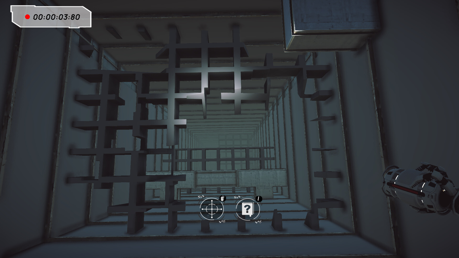 The image shows a deep, rectangular shaft or pit with a grid-like metal framework spanning its top, viewed from above. The structure is enclosed by tall, vertical walls that extend downward, creating a sense of depth and perspective. In the lower right corner, a futuristic robotic arm or tool is visible, suggesting a high-tech or industrial environment, and the top left corner features a small digital timer reading 00:00:03:80.