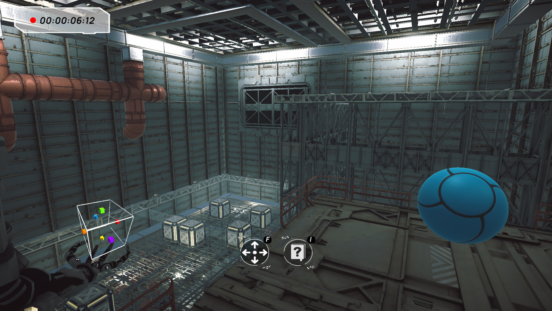 The image shows the interior of a large industrial room with metallic walls and a high ceiling supported by metal beams and pipes painted in a rusty orange color. In the foreground, a robotic arm is holding a transparent cube with colored markers on its edges, while a blue ball with dark curved lines floats nearby. The room contains several metallic crates lined up on a grated floor, and there are interface icons at the bottom center of the image, indicating possible interaction controls. A timestamp in the top left corner suggests that the scene is part of a video recording.