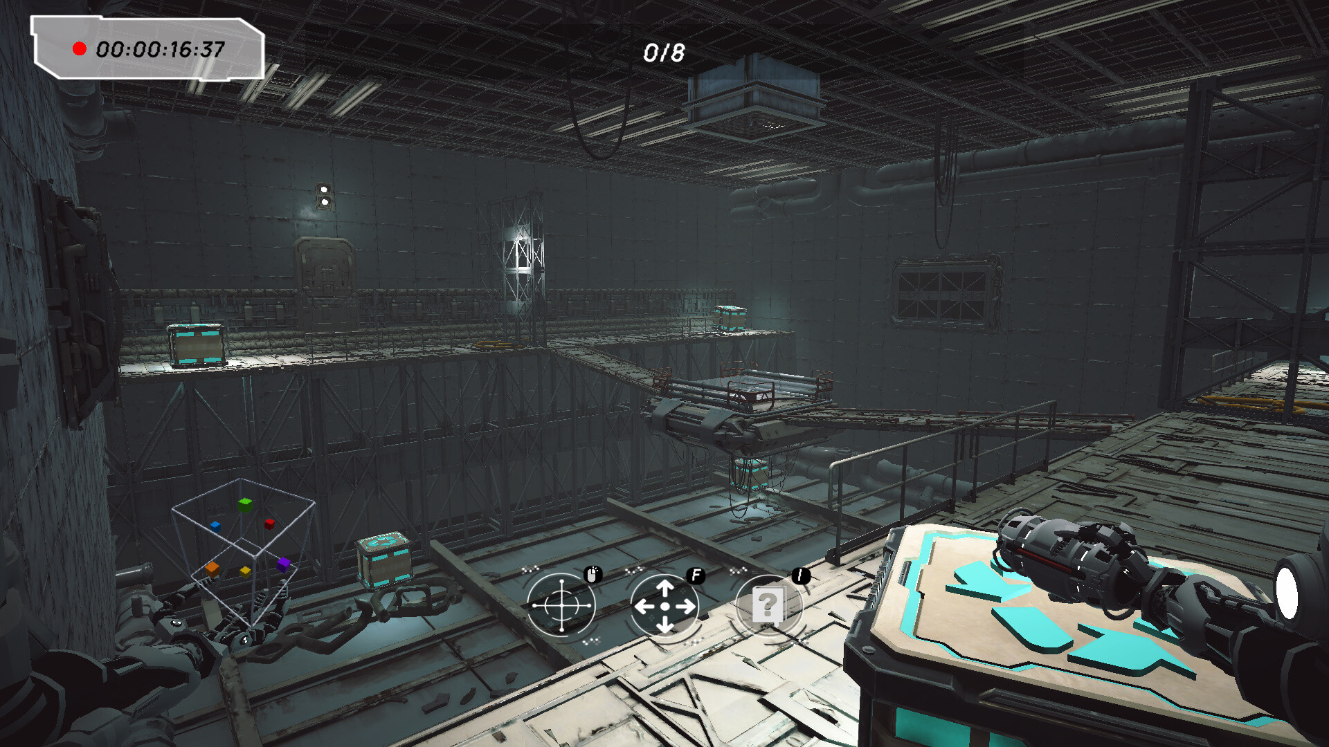 The image shows a dimly lit, industrial-style interior resembling a futuristic or sci-fi facility with metal walls and exposed pipes. Elevated platforms connected by narrow walkways span the large room, with several glowing, cube-shaped containers positioned on the platforms. In the foreground, a mechanical arm or robotic tool is visible, holding one of the cubes with colorful geometric shapes inside it. Various user interface elements, such as a timer and control icons, indicate this is a first-person view from a video game.