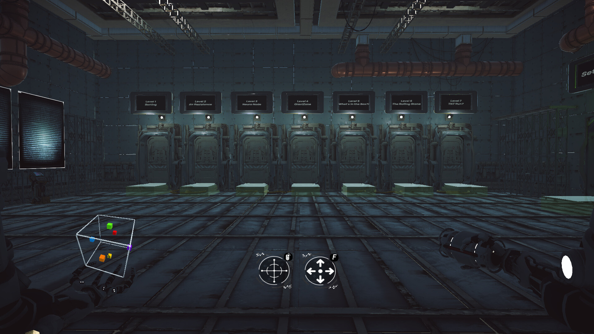 The image shows a dimly lit, industrial-style room with metallic walls and floor panels, designed like a futuristic laboratory or testing facility. Along the far wall, there are seven heavy, sealed doors, each labeled with a digital screen above them indicating different levels: 'Level 1 Sorting,' 'Level 2 Air Resistance,' 'Level 3 Neuro Node,' 'Level 4 GraviZone,' 'Level 5 What's in the Box?!,' 'Level 6 The Rolling Stone,' and 'Level 7 TNT Run?'. In the foreground, a robotic hand is visible, holding a transparent cube with colored spheres inside, and there is a futuristic device held in the other hand, suggesting the viewer is controlling the scene from a first-person perspective. The room also features exposed pipes running along the ceiling and walls, emphasizing a mechanical and high-tech environment.