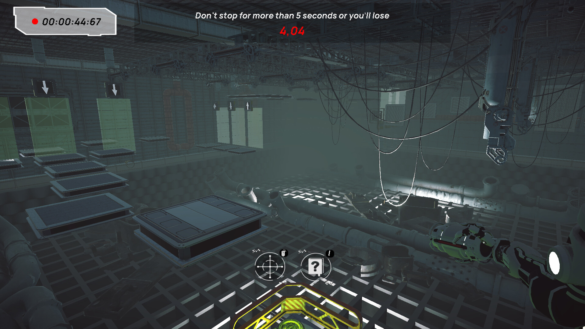 The image shows a dark, industrial-style room with metal grates and pipes lining the floor and walls. Several floating platforms are arranged in a path leading across the room, each marked with a downward arrow above green panels. Hanging cables and a robotic arm are visible overhead, contributing to the mechanical atmosphere. On-screen text warns, 'Don't stop for more than 5 seconds or you'll lose,' with a countdown timer displayed prominently, indicating a time-sensitive challenge within what appears to be a video game environment.
