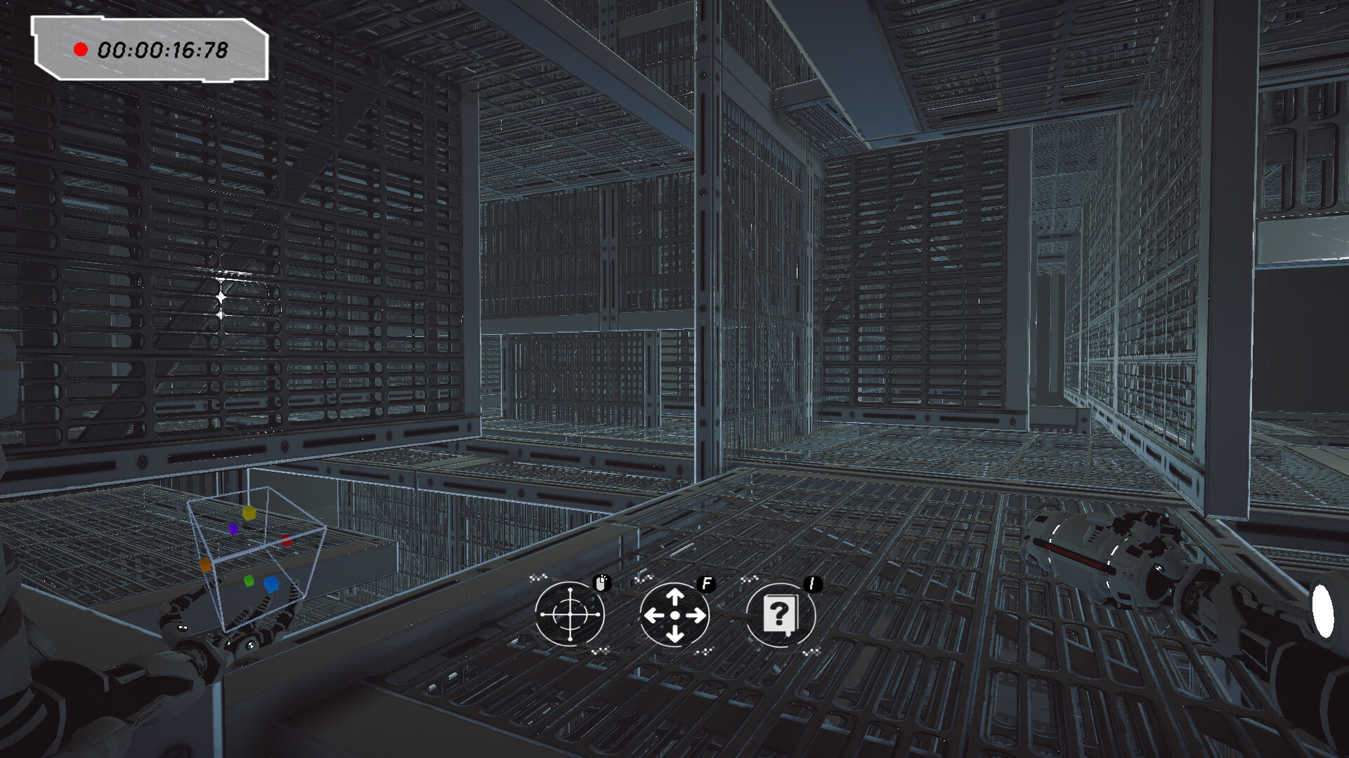 The image depicts a dimly lit, industrial-style environment with multiple levels composed of metal grates and railings forming a complex, maze-like structure. The scene is viewed from a first-person perspective, showing robotic or armored hands holding a futuristic device that emits a holographic cube with colored points. Various icons and controls are displayed in the center lower part of the image, indicating possible interaction options. A timer with a red recording light is visible in the upper left corner.