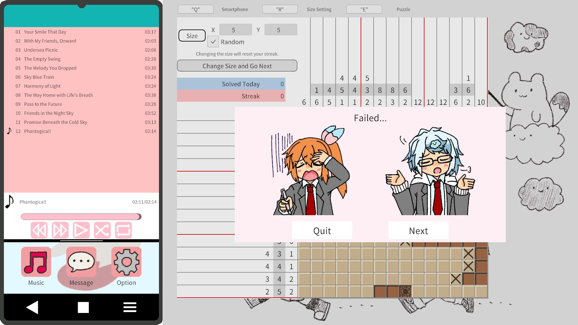 The image shows a computer screen with a puzzle game interface and a smartphone screen side by side. On the right, the puzzle game features a grid filled with numbers and shaded squares, indicating a nonogram or similar logic puzzle, with a pop-up message displaying the word 'Failed...' above two anime-style characters expressing disappointment and confusion; below them are two buttons labeled 'Quit' and 'Next.' On the left, the smartphone screen displays a music player app with a pink-themed playlist of 12 songs, currently playing 'Phantogica!!,' with playback controls and icons for Music, Message, and Option at the bottom. The overall background has cute, simple doodles of smiling animals and clouds.
