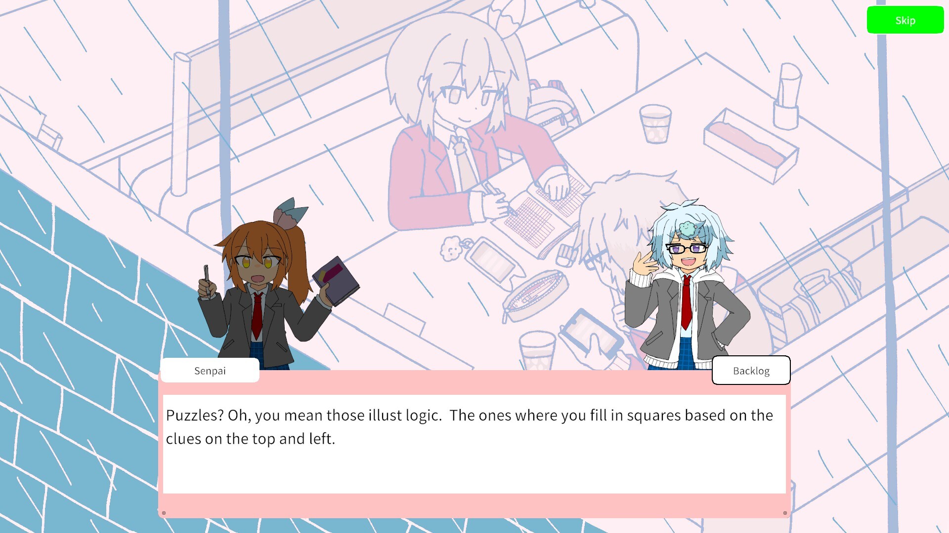 The image shows a scene from a visual novel-style game featuring two anime-style characters engaged in conversation. The character on the left has orange hair tied in a ponytail and wears a dark blazer with a red tie and blue skirt, holding a book and gesturing with one hand. The character on the right has light blue hair, glasses, and wears a similar outfit with a gray jacket over a white hoodie and a red tie, smiling and holding up a hand. Behind them is a faint, sketch-like background of two other characters sitting at a table with books, notebooks, and drinks. At the bottom of the image is a dialogue box labeled 'Senpai,' containing the text: 'Puzzles? Oh, you mean those illust logic. The ones where you fill in squares based on the clues on the top and left.'