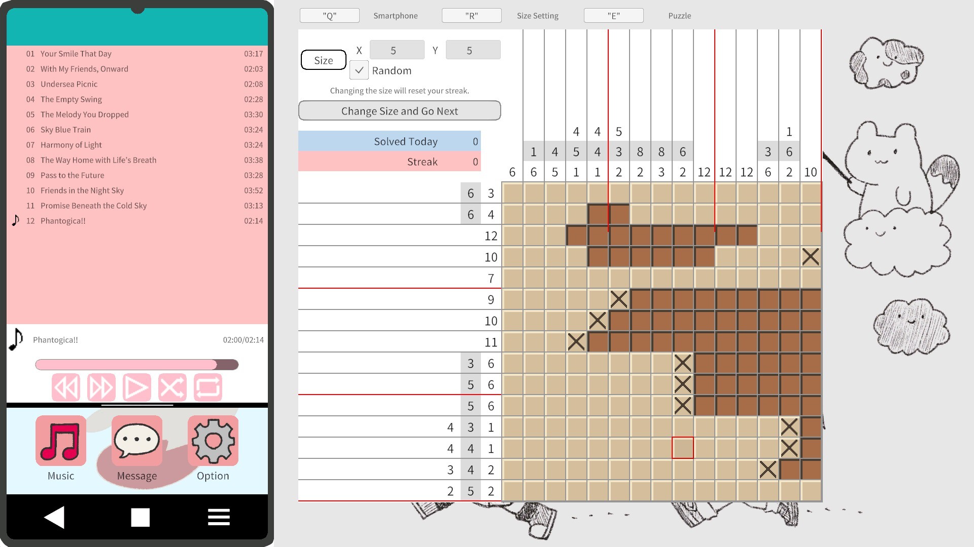 The image shows a digital interface divided into two main sections. On the left side, there is a smartphone screen displaying a music player with a pink background, listing twelve song titles along with their durations, and the twelfth song, 'Phantogica!!,' is currently playing with a progress bar near the end. Below the song list are music control buttons and three icons labeled 'Music,' 'Message,' and 'Option.' On the right side, there is a 15x15 grid puzzle with some brown and beige squares filled in and several squares marked with Xs, alongside numerical clues on the top and left edges indicating how many squares in each row and column should be filled. Additionally, there are simple black-and-white cartoon drawings of a bear-like character, clouds, and an elephant scattered around the puzzle area.