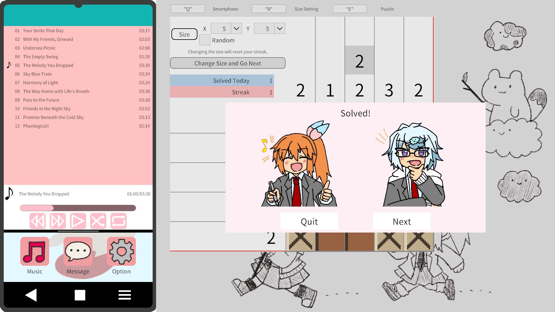 The image shows a smartphone screen on the left displaying a music playlist with twelve tracks, each with a title and duration, and the song 'The Melody You Dropped' currently playing at one minute of three minutes and thirty seconds. Below the playlist, there are playback controls and icons labeled 'Music,' 'Message,' and 'Option.' On the right, a puzzle game interface is visible with numerical clues arranged in a grid and a pop-up message in the center reading 'Solved!' featuring two animated characters: one with orange hair in a ponytail giving a thumbs-up and smiling, and the other with light blue hair and glasses appearing thoughtful. Behind the puzzle grid, there are simple, playful doodles of animals and clouds scattered on a light background.
