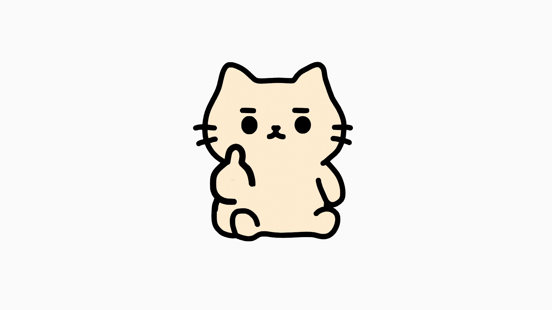 The image features a simple, cartoon-style drawing of a light beige cat sitting upright against a plain white background. The cat has a neutral expression with two round black eyes, a small "3"-shaped mouth, and two short eyebrows angled slightly downward, giving it a serious look. Its front right paw is raised with the middle finger extended, while the other fingers are curled down, suggesting a gesture of defiance or displeasure. The cat’s outline and details are drawn with bold black lines.