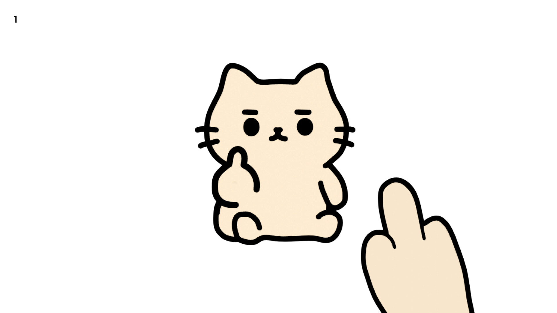 The image shows a simple, cartoon-style drawing of a beige cat sitting upright against a plain white background. The cat has small black eyes, thin black eyebrows, a small nose, and whiskers, and it is raising one paw with the middle finger extended. To the right of the cat, there is a larger beige hand also displaying a raised middle finger, both outlined in black. The overall style is minimalistic and uses clean lines.