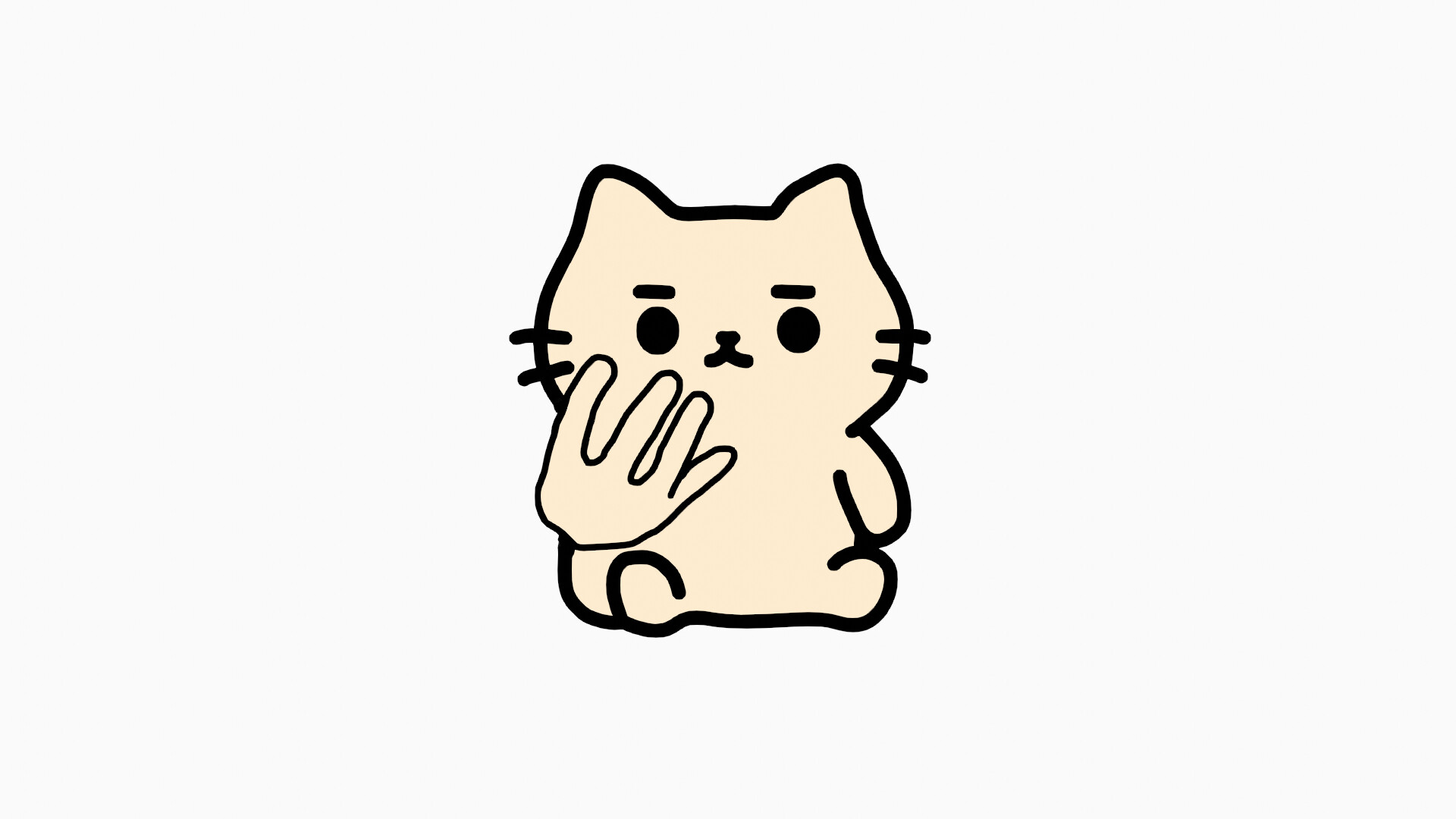The image shows a simple, cartoon-style drawing of a light beige cat with black outlines. The cat is sitting upright and has a small, neutral facial expression with round black eyes, short whiskers, and a little nose and mouth. Unusually, the cat's left front paw is replaced by a large human hand that covers part of its face, creating a whimsical and slightly surreal effect. The background is plain white, emphasizing the cat and the hand.