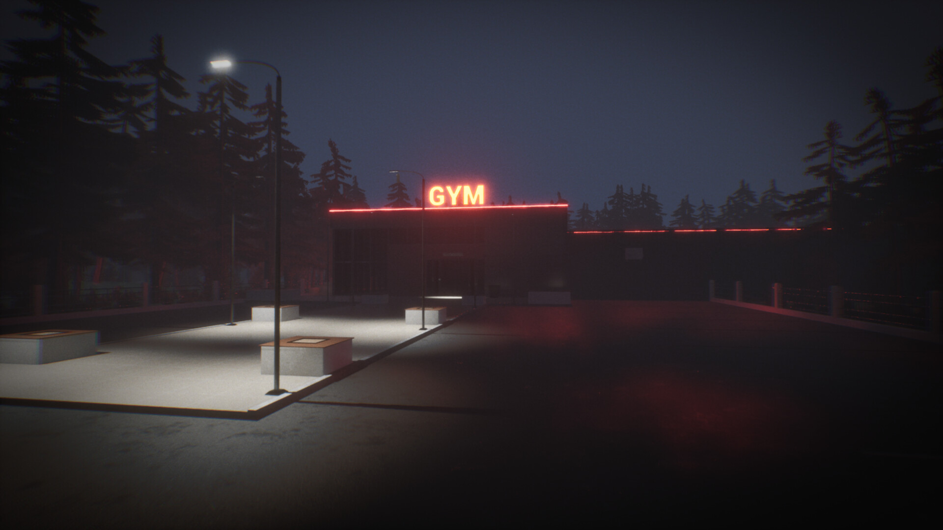 The image shows a nighttime scene of a gym building surrounded by tall, dark pine trees. The gym is marked by a bright neon sign that reads 'GYM' in glowing red-orange letters, with a red neon strip running along the edge of the roof. The foreground features a well-lit, empty concrete area with several square concrete planters and street lamps casting a soft white light on the pavement. The surrounding area beyond the gym is dark, creating a stark contrast with the illuminated building and pathway.