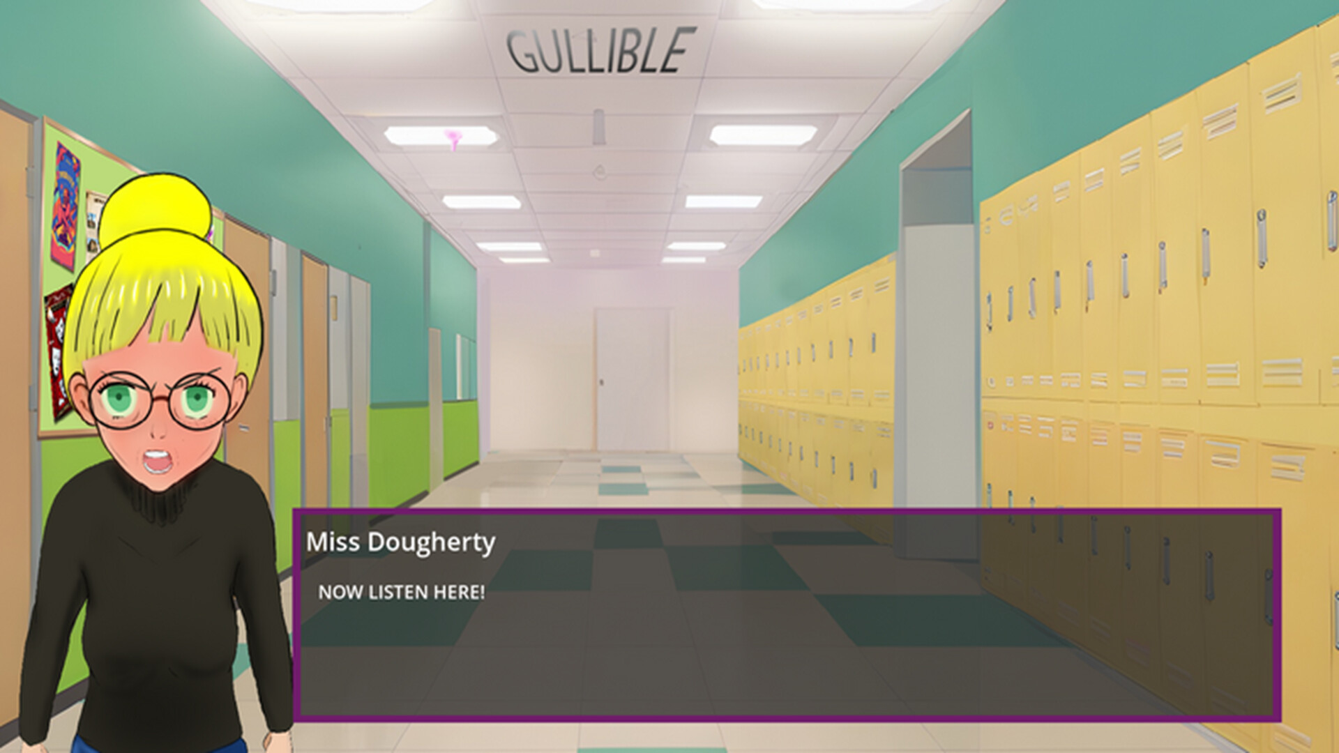 The image shows a brightly lit school hallway with green and yellow walls, and a row of yellow lockers on the right side. At the far end of the hallway, there is a closed white door. In the foreground on the left, a cartoon-style character with bright yellow hair tied in a bun, green eyes, and glasses is wearing a black turtleneck sweater and appears to be speaking with an angry expression. Above, the word "GULLIBLE" is written on the ceiling. Below the character, a dialogue box reads, "Miss Dougherty: NOW LISTEN HERE!"