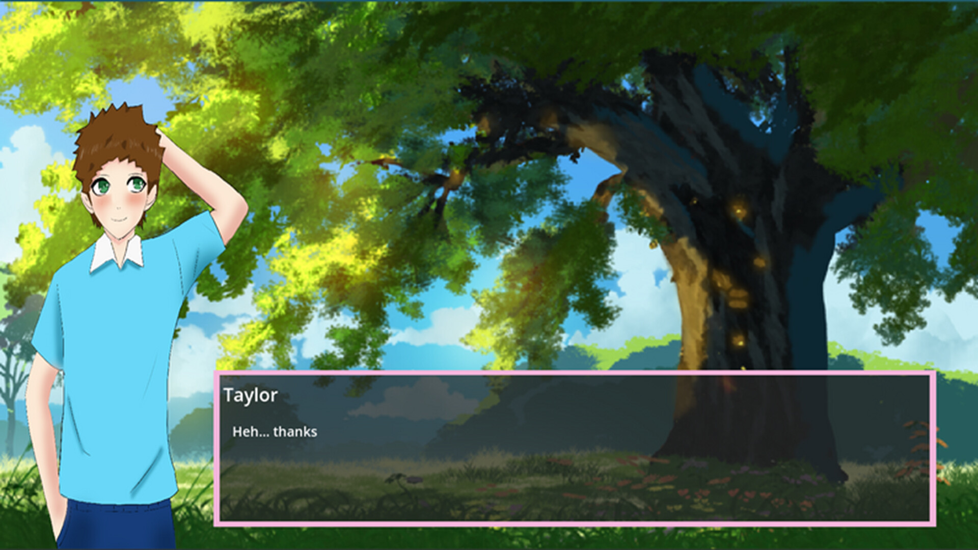 The image depicts an animated scene set outdoors on a sunny day, with vibrant green trees and a bright blue sky filled with fluffy white clouds. A young character named Taylor, with short brown spiky hair, green eyes, and rosy cheeks, stands on the left side, wearing a light blue polo shirt and dark blue pants, smiling with one hand resting behind his head and the other in his pocket. To the right, a large, thick tree with dark bark and glowing yellow lights nestled in its branches and trunk creates a warm, magical atmosphere. At the bottom of the image, a dialogue box with a pink border shows the text "Taylor: Heh... thanks."