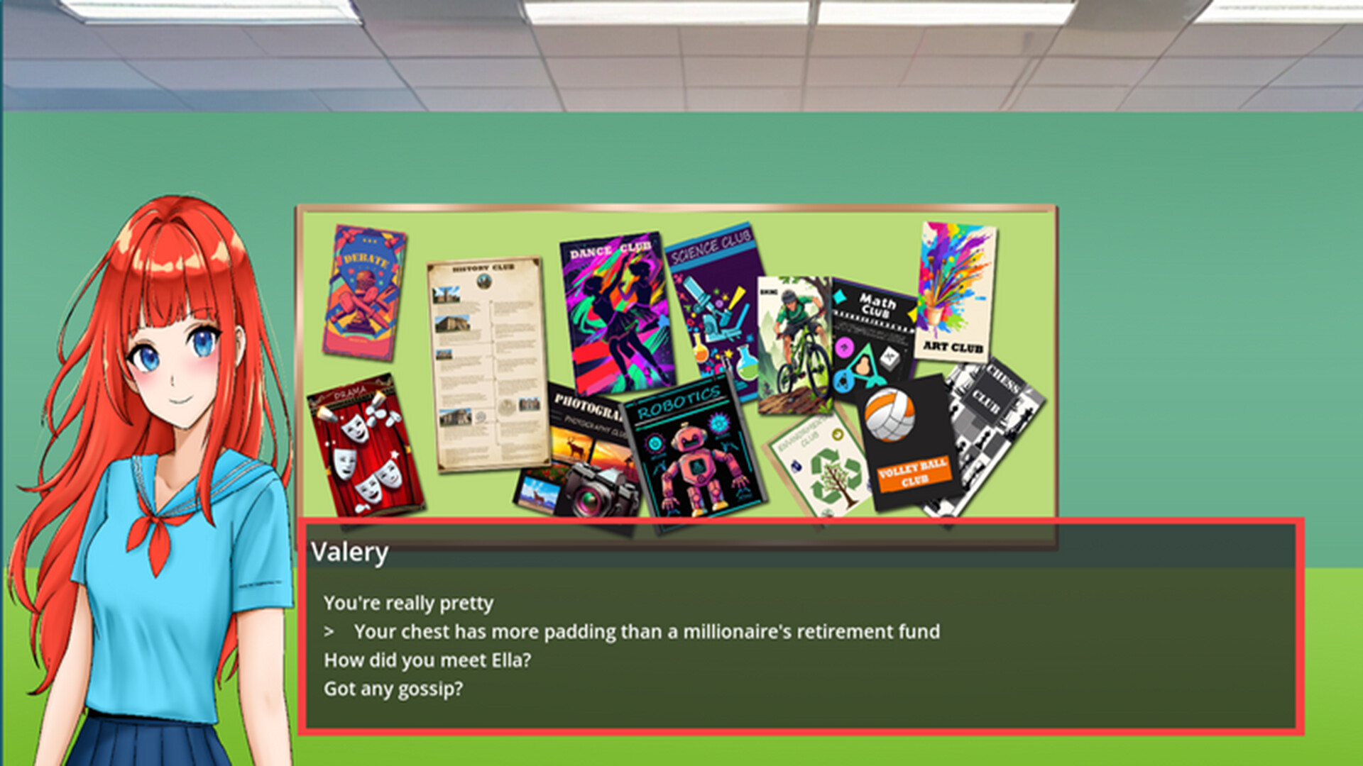 The image shows an animated scene featuring a red-haired girl with bright blue eyes, wearing a light blue school uniform with a red necktie and a dark blue skirt, standing in front of a bulletin board in a classroom. The bulletin board displays various colorful posters and flyers for different school clubs, including Debate, History, Dance, Science, Photography, Robotics, Math, Art, Volleyball, and Chess clubs. Below the girl, there is a dialogue box labeled "Valery" containing several lines of text with conversational options, one of which humorously references chest padding. The classroom wall is painted green, and the ceiling has white panels with fluorescent lighting.