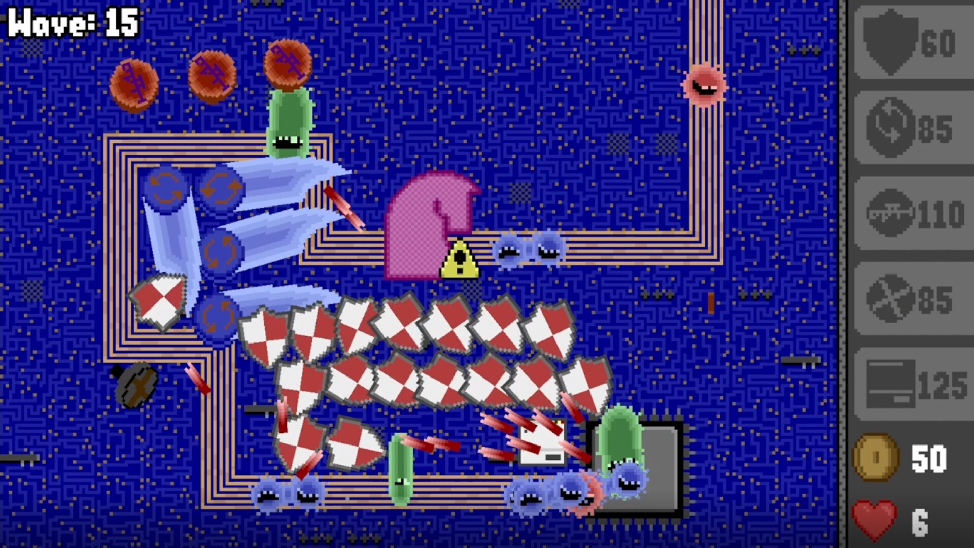 The image shows a pixelated tower defense game with a maze-like blue background and a winding beige path where various enemies and defenses are placed. Multiple red and white shield icons are arranged along the path, seemingly acting as barriers or defense units, while blue and green cartoonish creatures move along the path. At the top left corner, the text "Wave: 15" indicates the current level or wave of the game. On the right side, a gray sidebar displays various icons with numbers next to them, including a shield symbol labeled 60, and a coin icon with the number 50, suggesting in-game resources or stats.