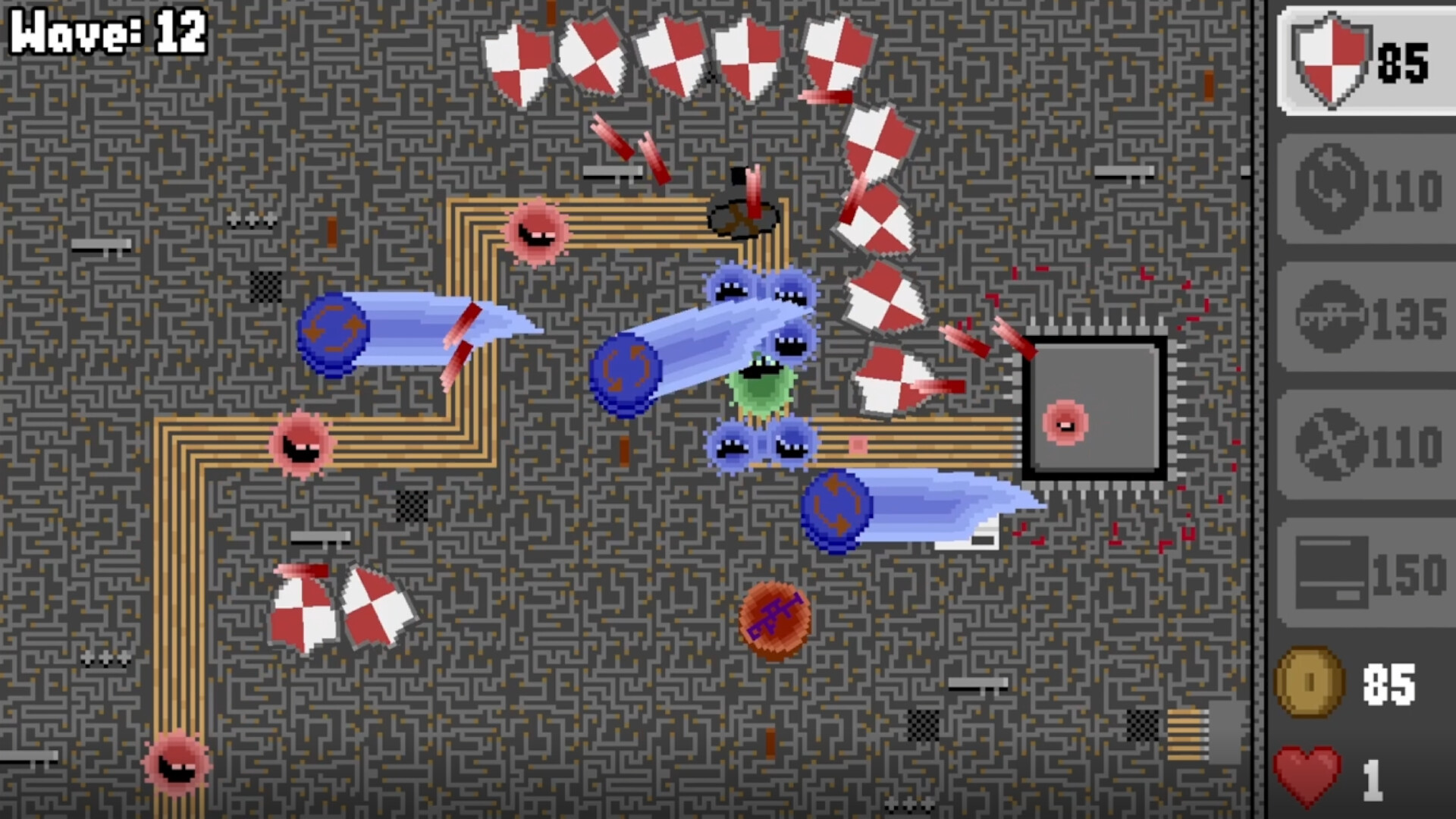This image shows a pixelated tower defense game in progress at wave 12. The background is a maze-like pattern with a light brown path winding through it. Along the path, several blue cannon-like towers shoot large projectiles at incoming red and white shield-shaped enemies. Additional smaller circular enemies with faces move along the path. On the right side, a status panel displays a shield icon with the number 85, a coin icon with 85, and a heart symbol with the number 1, indicating player health or lives remaining. The game elements and characters are rendered in a retro, pixel art style.