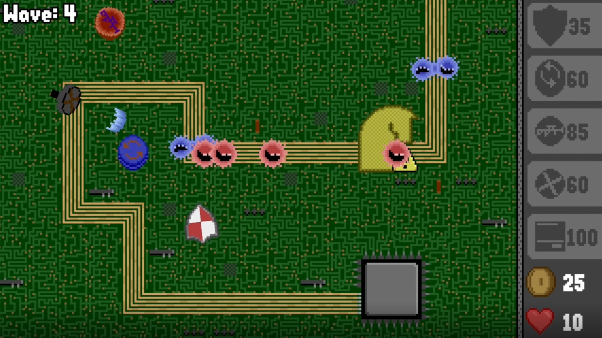The image depicts a pixelated tower defense game with a green, maze-like background. Yellow pathways wind through the maze, along which various small, round creatures in blue, pink, and yellow colors are moving. Some pink creatures have angry faces, and a larger yellow creature shaped somewhat like a Pac-Man character appears near the center-right. On the right side of the screen, there is a vertical gray panel showing game stats, including a shield icon with the number 35, a coin count of 25, and a heart symbol with the number 10. The top left corner shows "Wave: 4," indicating the current level of gameplay.