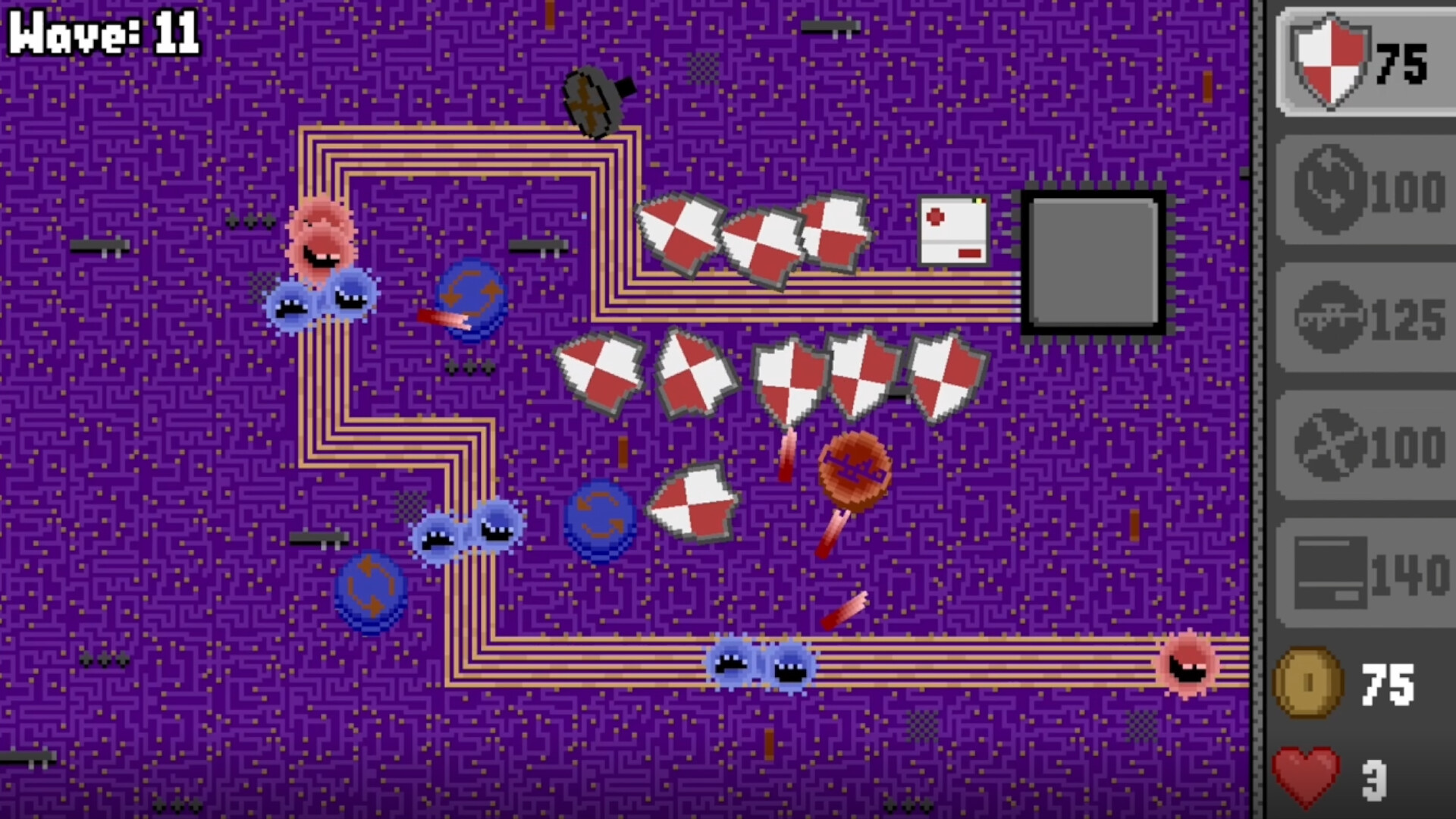 The image shows a pixelated tower defense game with a purple maze-like background where various colored units move along a winding path. The path is lined with small, shield-shaped white and red icons that seem to represent defenses, along with several round blue and red characters that appear to be attacking or moving through the maze. In the upper left corner, the text "Wave: 11" indicates the current stage of the game, while on the right side, there is a gray panel showing a shield icon with a value of 75, a coin count of 75, and a heart icon with a value of 3, likely representing the player’s health and resources.
