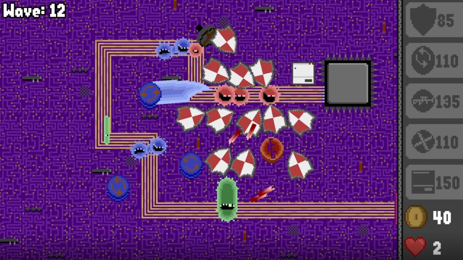 The image shows a pixelated tower defense game with a purple, maze-like background. Various cartoonish enemies, including blue and red creatures with eyes, are moving along winding yellow paths, while multiple red-and-white shields are positioned around the path, seemingly defending against the enemies. On the right side of the screen, there is a gray panel displaying game stats such as health (2 hearts), currency (40 coins), and other upgrades or defenses with their respective costs. The top left corner indicates the current wave number as 12.