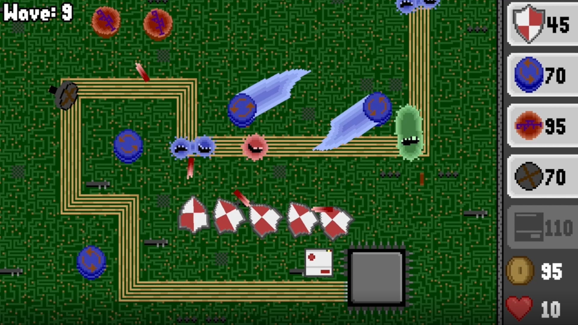 The image shows a pixelated tower defense game with a green maze-like background and a winding yellow path. Various circular and spiked enemies in blue, red, and green are moving along the path, some leaving motion trails behind. White and red shield-shaped towers are placed along the path, firing red projectiles at the enemies. On the right side, there is a vertical interface displaying stats such as shield strength, coin count, and heart health, along with icons and numbers indicating resources and wave progress, with the current wave labeled as 9.
