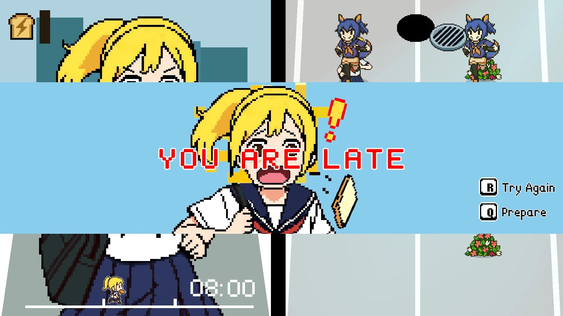 The image shows a pixelated video game scene with a bright blue notification overlay in the center displaying the message "YOU ARE LATE" in bold red letters, accompanied by a red exclamation mark. Behind the message is a pixel art character of a blonde girl in a school uniform with a distressed expression, holding a piece of toast. In the background, the game environment includes a street scene with another character dressed in a blue outfit with animal ears, standing near a manhole and flowers. Options to "Try Again" (R) and "Prepare" (Q) are displayed on the right side of the overlay. A small slice of bread icon and a time indicator reading "08:00" are also visible in the corners of the screen.