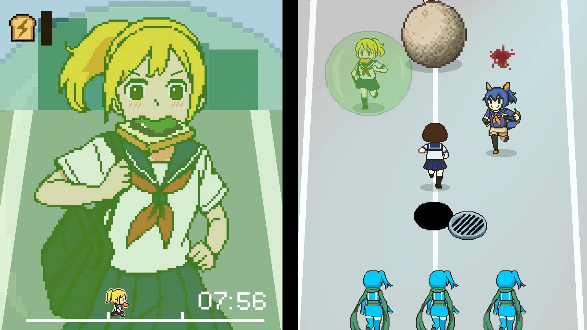 The image shows a split-screen view of a pixel art video game featuring anime-style characters in a school setting. On the left side, there is a close-up of a blonde girl wearing a white sailor-style school uniform with a red neckerchief, carrying a large black bag, and biting on a sandwich with a determined expression. A small version of the same character is visible near the bottom, along with a timer reading "07:56" and an energy bar shaped like a battery. On the right side, the scene shifts to a top-down perspective of a street or pathway where the blonde girl, now shielded by a green bubble, is running ahead of another girl in a similar school uniform, while a blue-haired character with animal ears and a tail approaches from the right. Obstacles including a large rolling stone, a blood splatter, and two pits with grates are present, along with three identical blue-haired characters at the bottom.