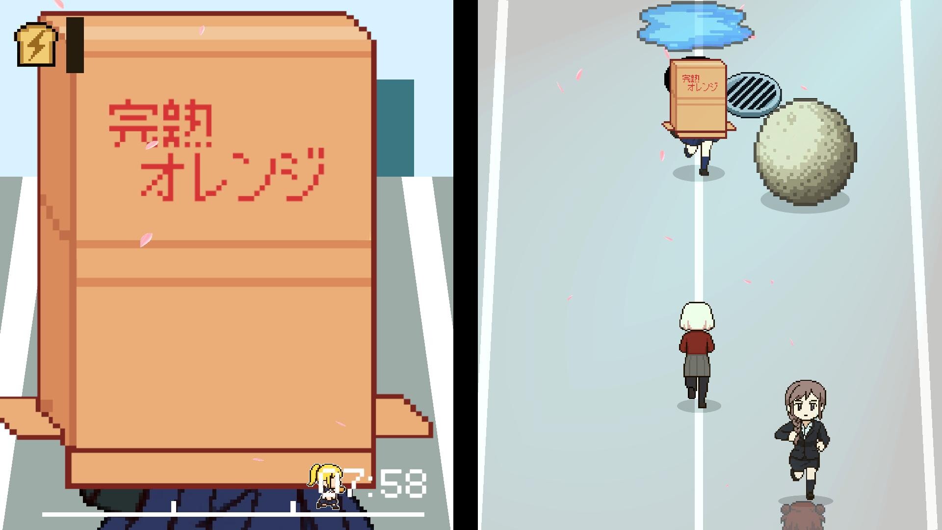 The image is divided into two sections, each depicting a pixel art-style scene resembling a game interface. On the left side, a large brown box with red Japanese text, which translates to "Ripe Orange," dominates the frame, with a small character barely visible underneath it at the bottom. There is an energy meter icon in the top left corner and a timer displayed near the bottom. On the right side, three small characters are running on a gray pathway marked by white lines, with the foremost character wearing the same brown box labeled "Ripe Orange" on their head. Surrounding them are elements like a manhole cover and a large textured spherical object, with pink petals scattered midair. The overall scene suggests a game environment with running or chasing gameplay.