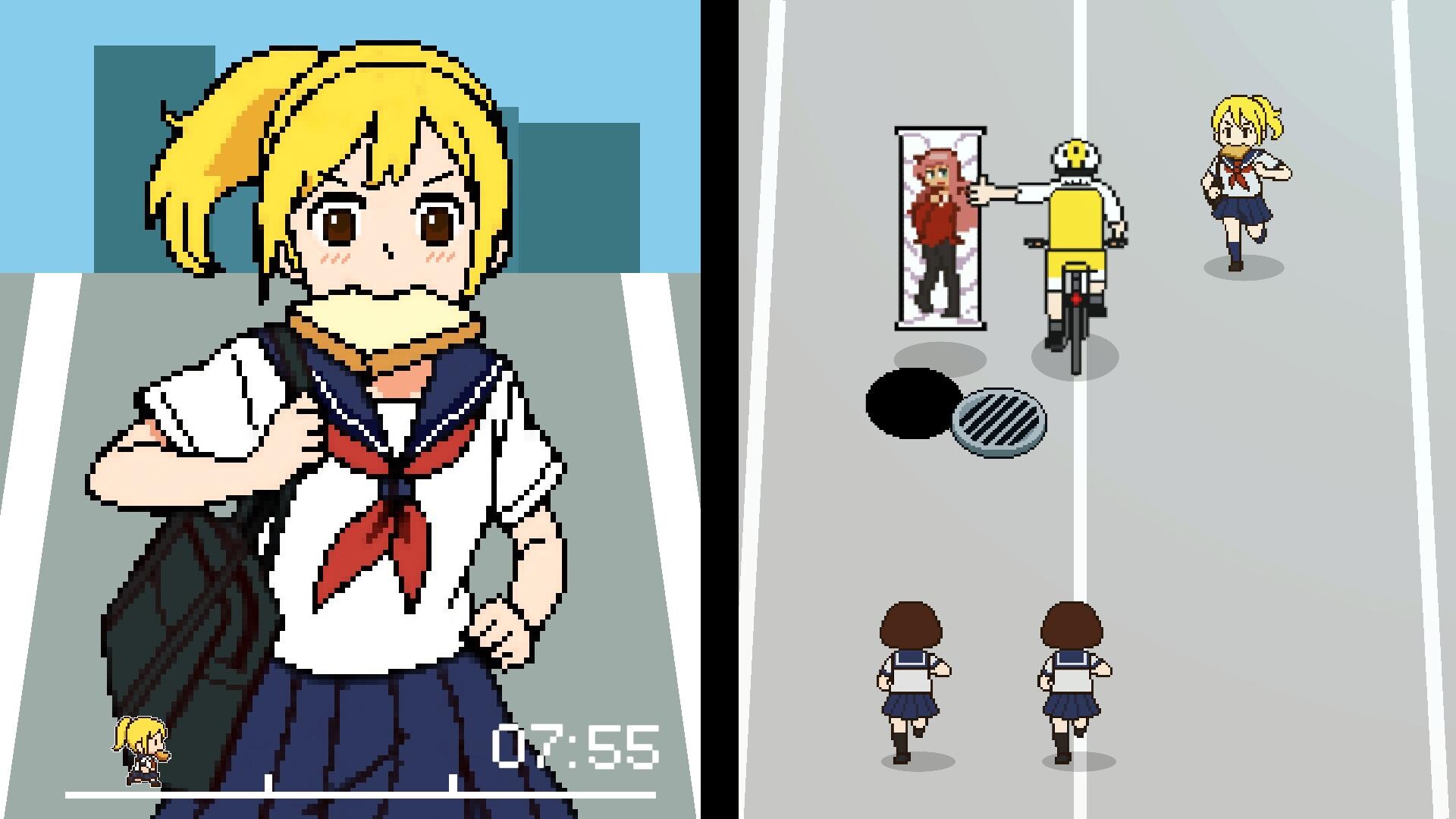 The image is divided into two parts, both rendered in a retro pixel art style. On the left, a close-up view shows a blonde girl with a yellow ponytail wearing a traditional Japanese school uniform consisting of a white shirt with a red scarf and a blue skirt. She is holding a sandwich in her mouth while carrying a black bag on her shoulder; a small digital clock at the bottom right corner reads "07:55." On the right, the scene shifts to an overhead perspective on a street where the same girl is running toward a cyclist dressed in yellow, who is holding out a body pillow with an anime character design. Two other schoolgirls in similar uniforms are also running from behind. The road features a manhole cover and a dark circular hole, adding detail to the street environment.