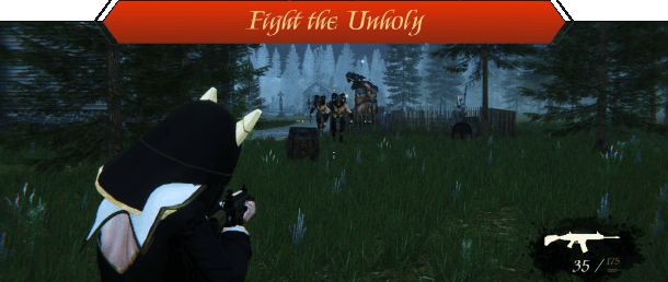 Nhân vật game cầm súng trường chiến đấu với quái vật trong rừng