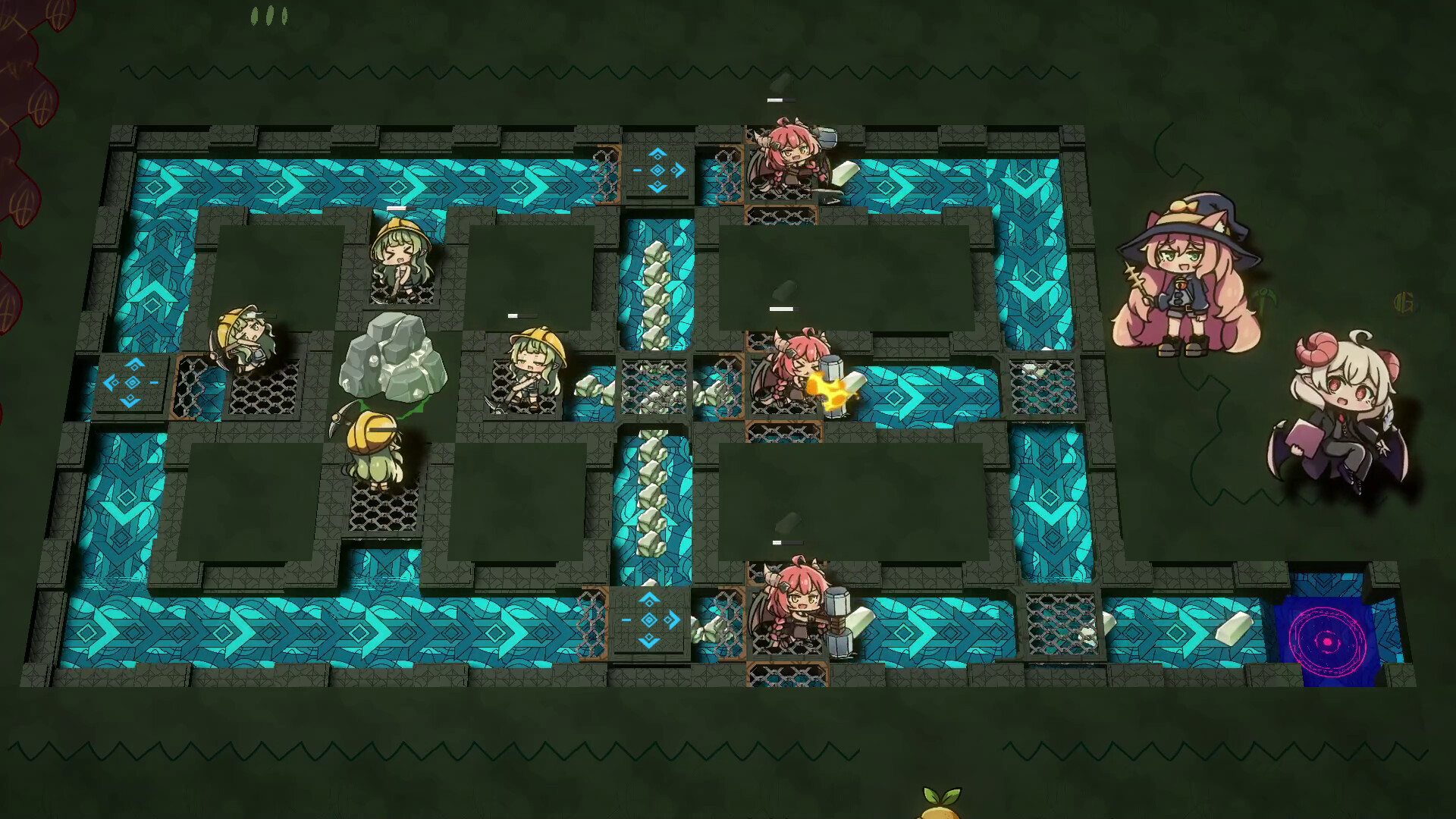 Lazy Witch's Factory 公式スクリーンショット 採掘ポイントで作業する労働者たちとモモコ
