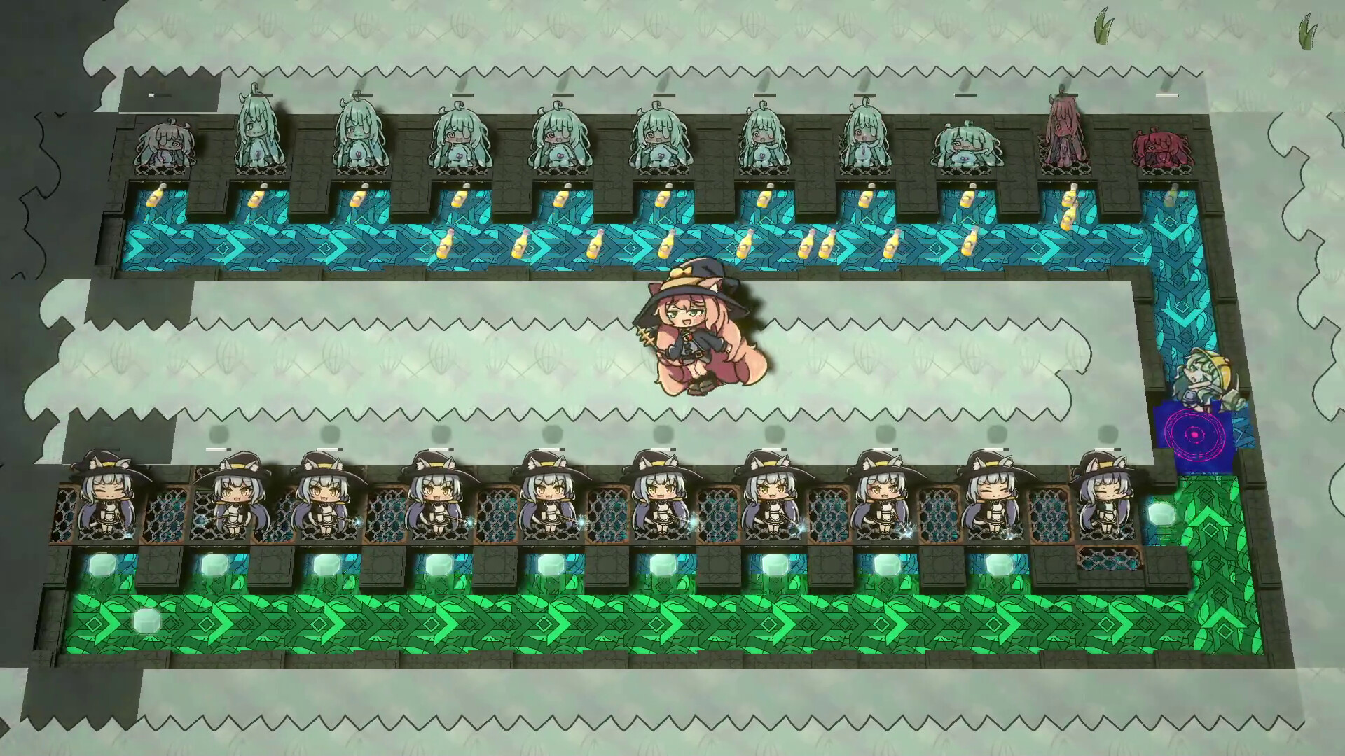 Lazy Witch's Factory 公式スクリーンショット ずらりと並んだ労働者たちが作業する生産ライン
