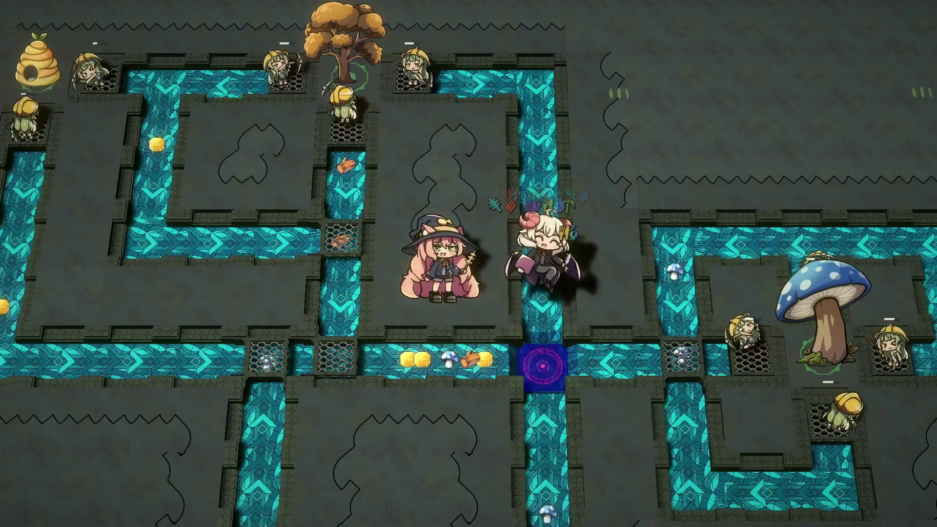 Lazy Witch's Factory 公式スクリーンショット 資源タイルが並ぶ採掘エリアでモモコと仲間が並ぶ場面